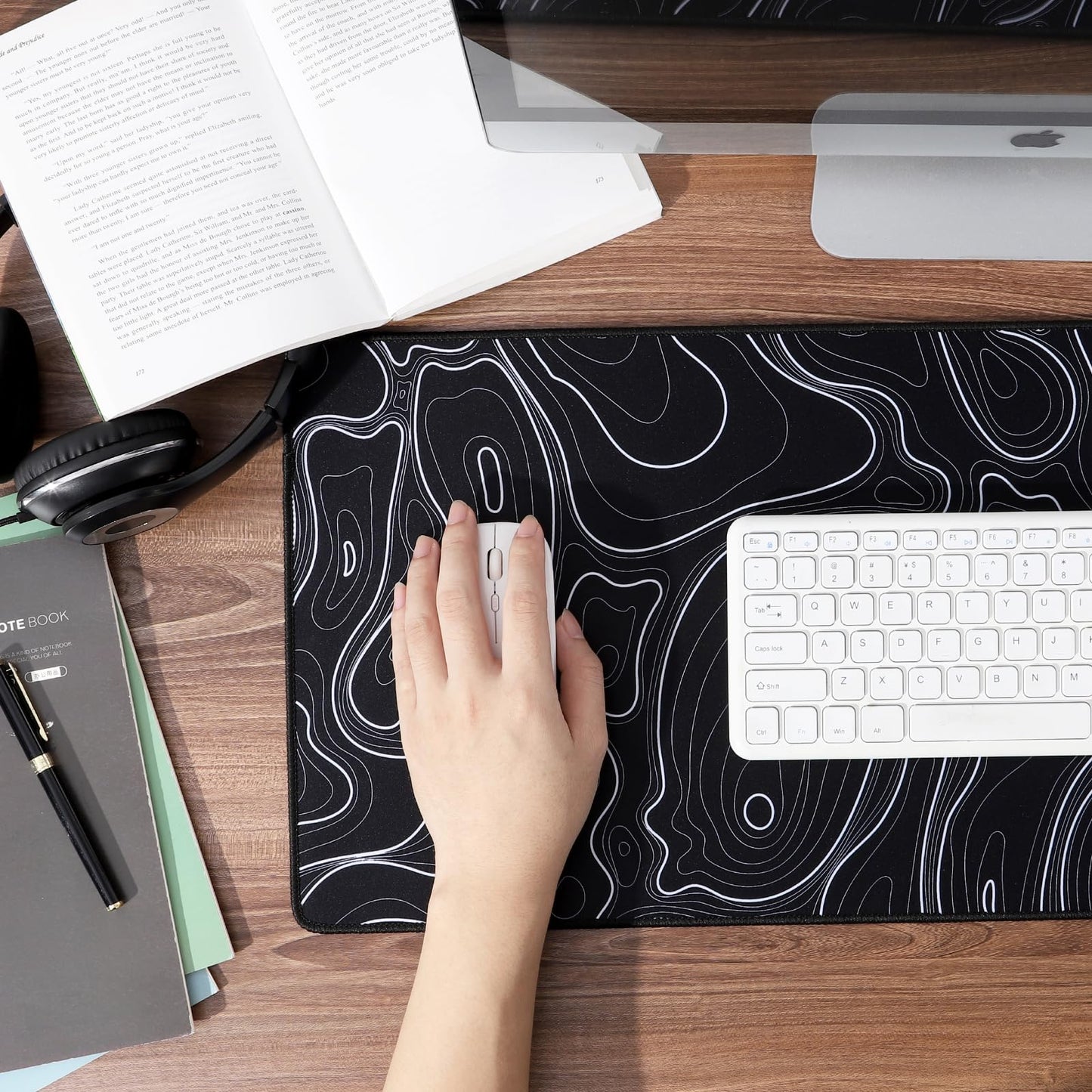 Topographic Map Waterproof Mouse Pad - Extended Contour Mouse Mat for Home and Office, Large Gaming Mousepad Laptop Keyboard Mat with Non-Slip Rubber Base, Stitched Edges (31.50"x11.81"x0.12")