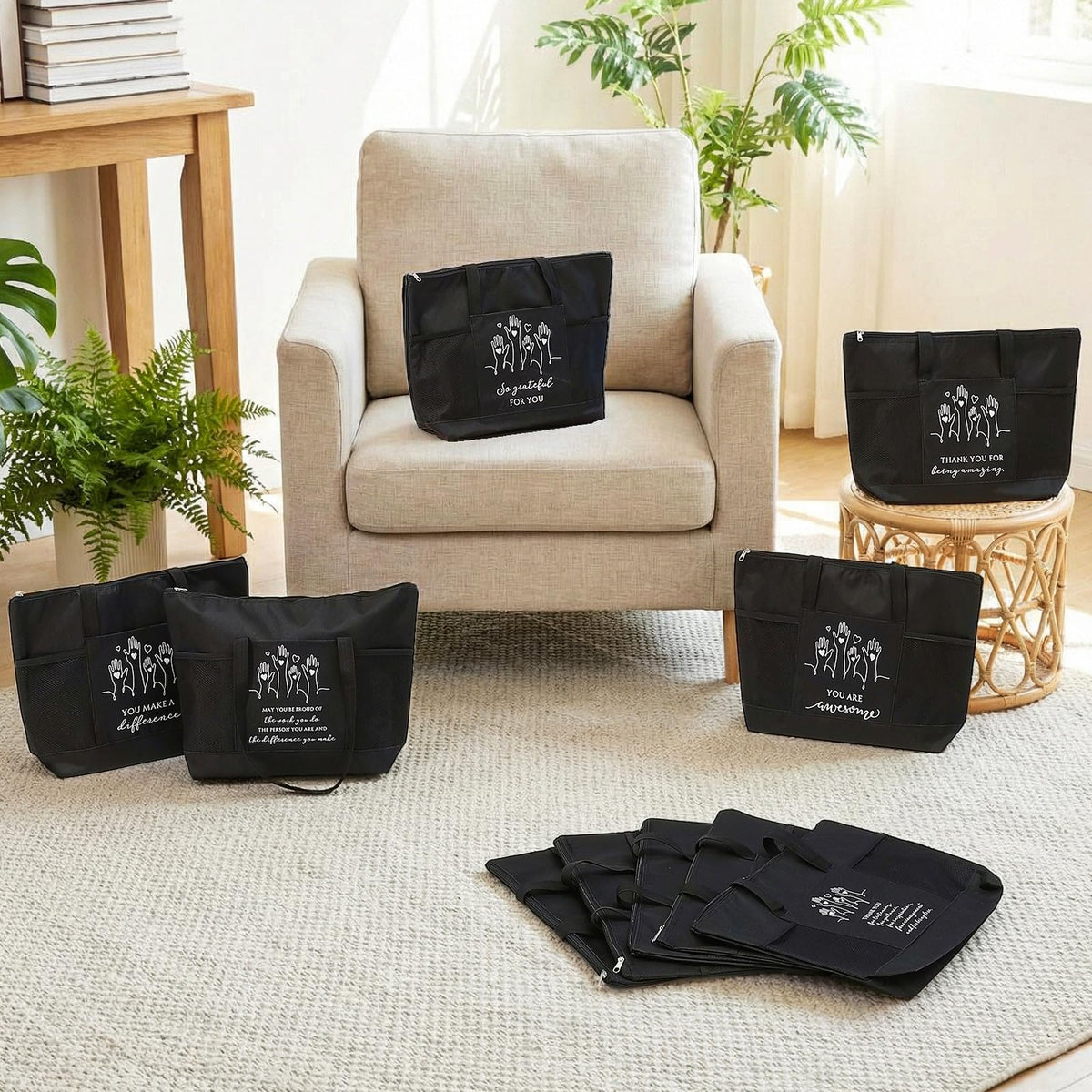 Paterr 10 Pcs Volunteer Appreciation Gifts Bulk Large Tote Bags with Zippered Mesh Pocket Inspirational Gift for Women Men(Black)