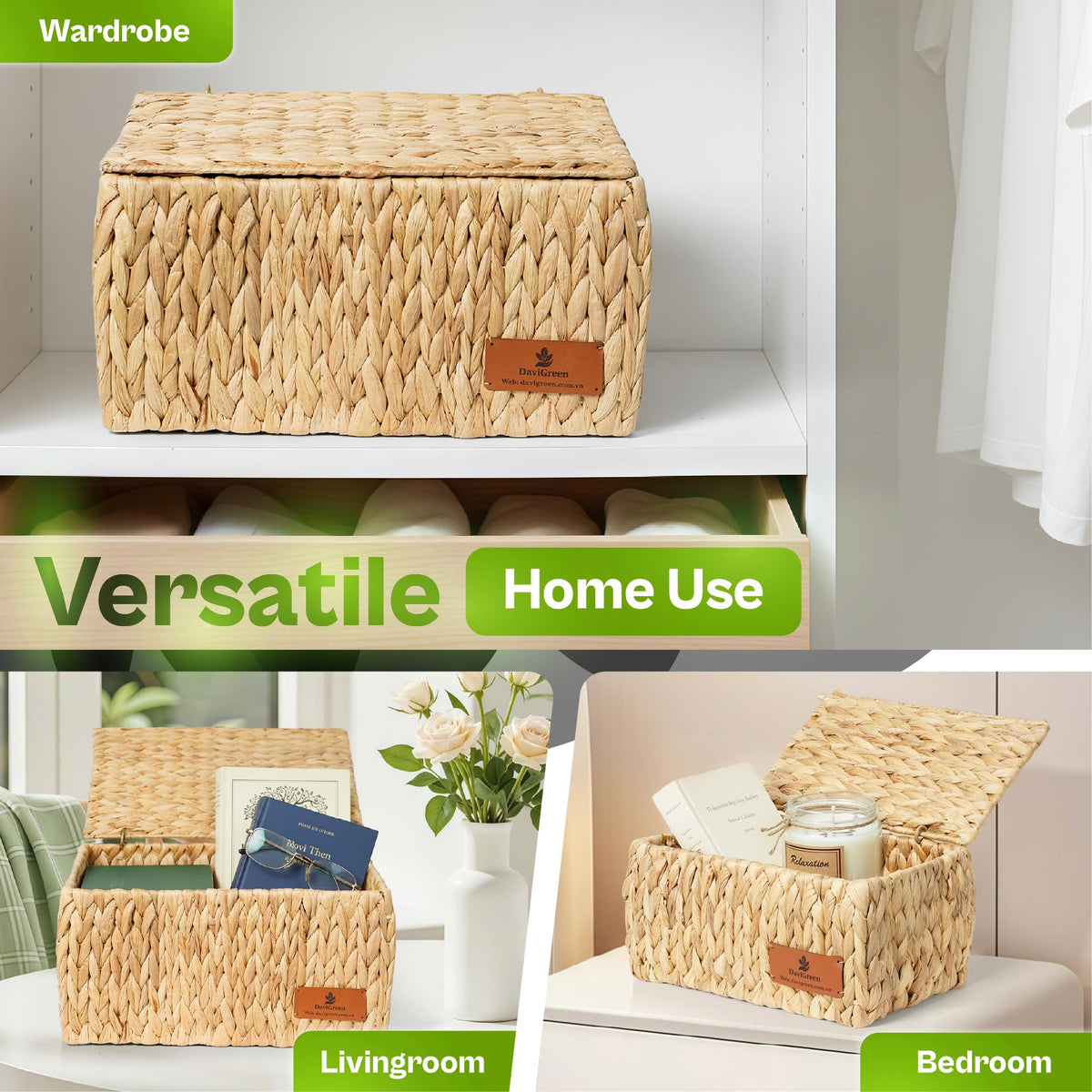 DaviGreen Storage Baskets with Lids, Set of 3 Wicker Storage Baskets for Storage, Water Hyacinth Basket with Lid, Rectangular Woven Storage Baskets for Shelves, Closet, Bedroom & Home Organization