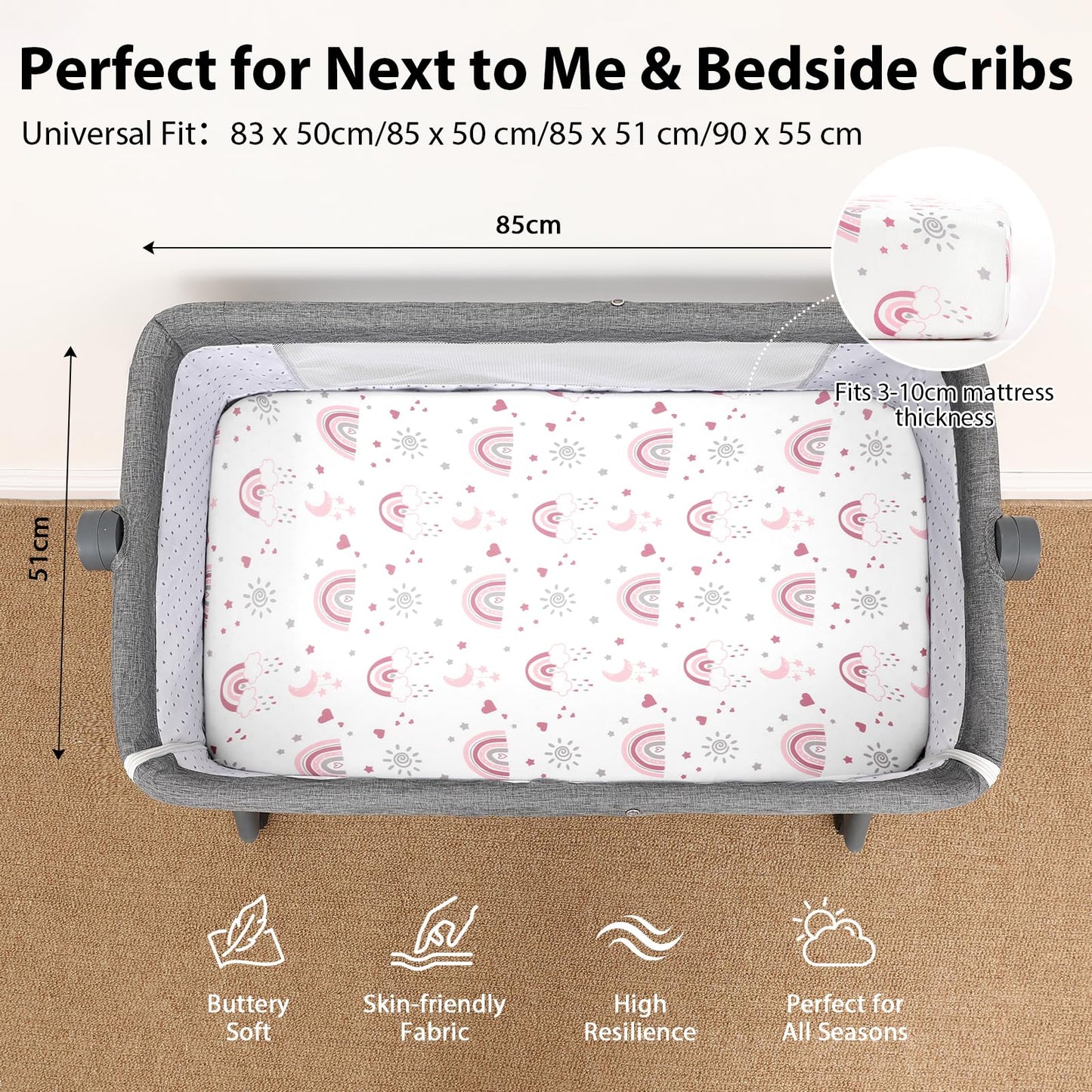 FIEMOL Next to Me Crib Sheets 85x51cm Fitted, 3 Pack Baby Cot Sheets, Ultra Soft & Silky Smooth Microfiber Bedside Crib Fitted Sheets Pink Rainbow