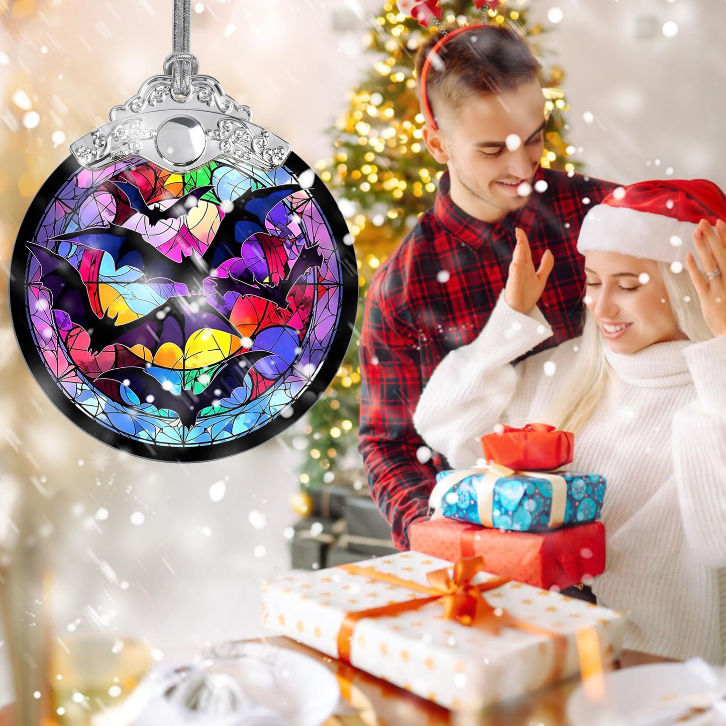 Jocidea Christmas Ornament, Bat Christmas Decor, Bat Ornaments for Christmas Tree, Stained Glass Ornament, Bat Gifts, Holiday Decorations and Xmas Gifts Ideas