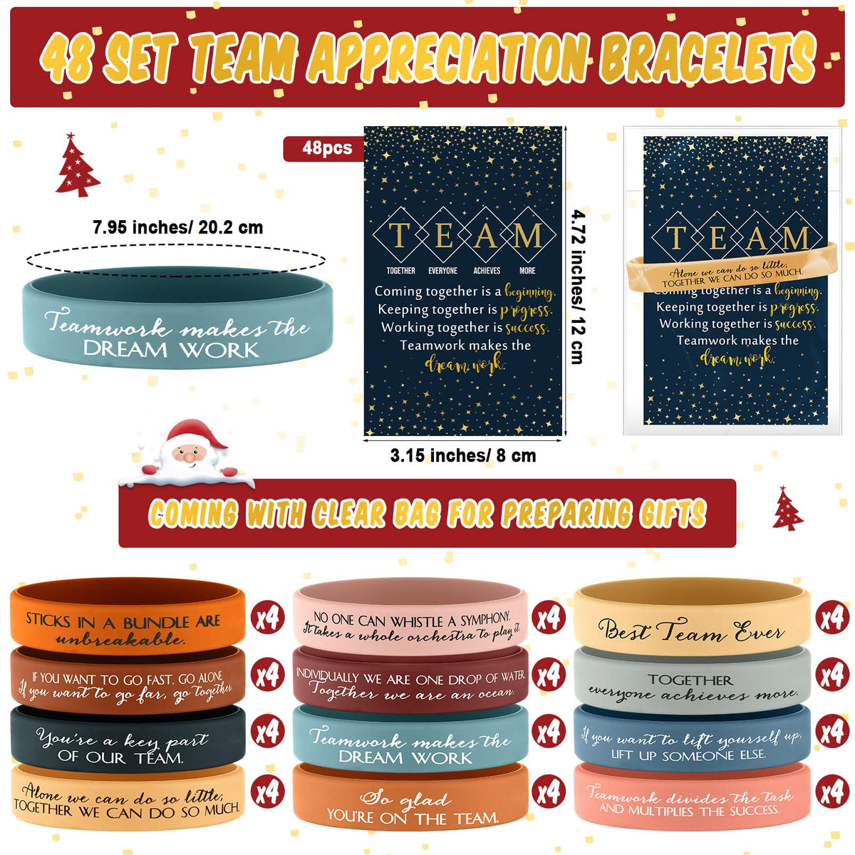 XunYee 48 Sets Team Appreciation Gifts for Employees Motivational Quote Silicone Bracelets Inspirational Card Office Gifts for Coworkers Staff Volunteer(Active Color)