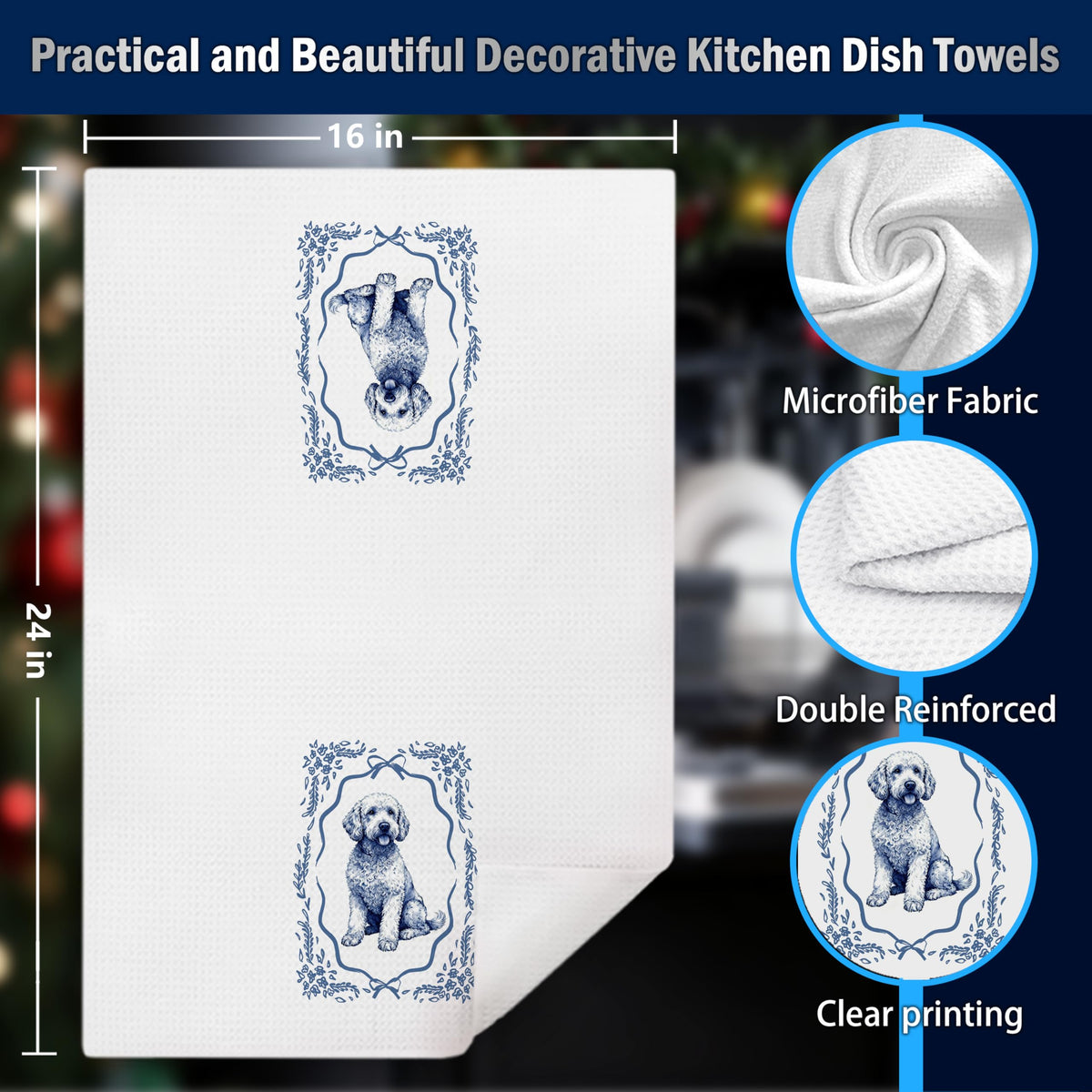 DAYOUER Chinoiserie Goldendoodle Kitchen Dish Towels, Goldendoodle Gifts, Blue and White Chinoiserie Golden Doodle Decor Hand Tea Towels for Bathroom Kitchen, 16x24 Inches Set of 2