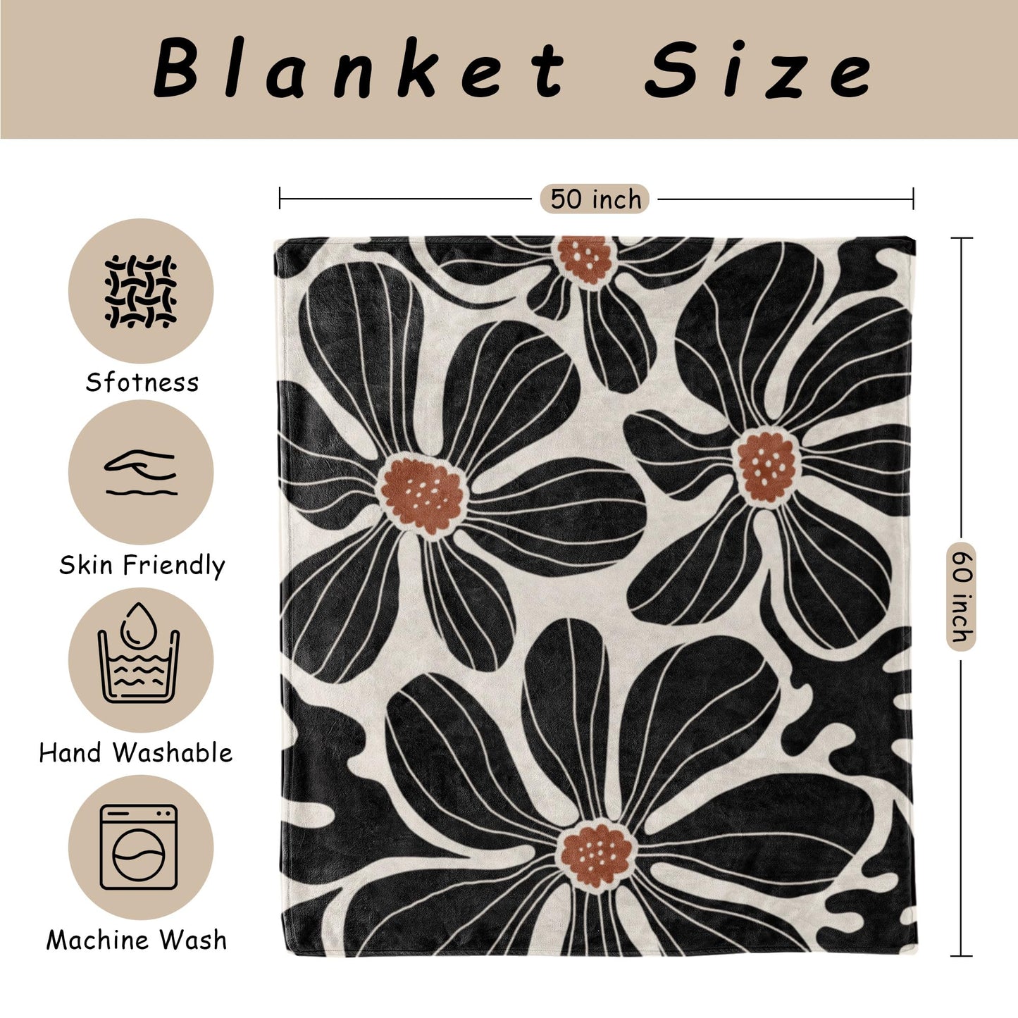 HIWX Boho Abstract Floral Blanket, Modern Abstract Boho Black Flower Throw Blanket for Home Living Room Bedroom Couch Bed Decor, 50x60 Inches