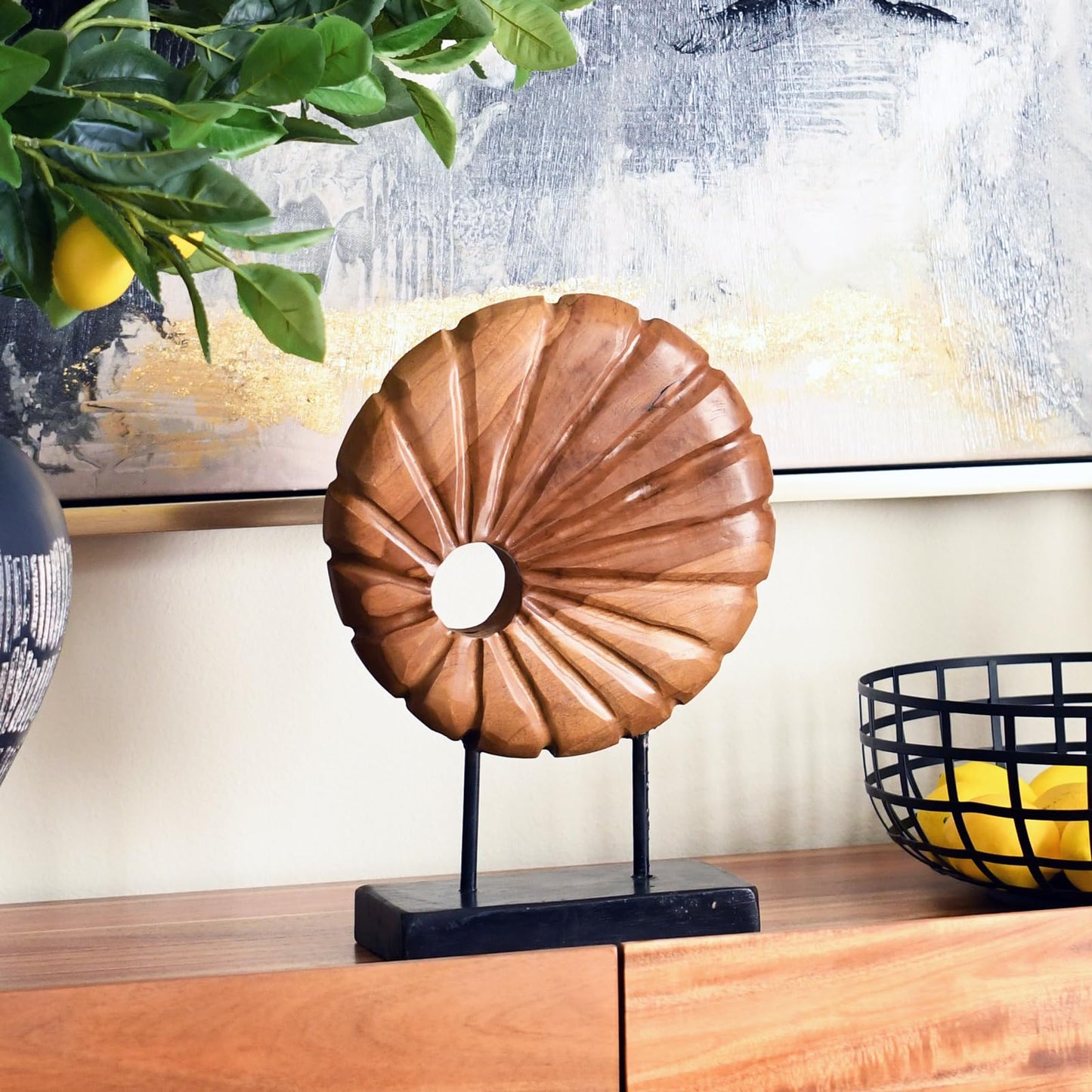 JOLLYMER Teak Sculpture Home Décor for Shelf Sculpture with Base Decoration for Living Room, Bedroom, Office 13.8"X9.8"X3.5"