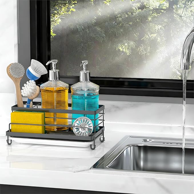Cisily Gray Sponge Holder for Kitchen, Sink Caddy Sink Organizer Rack for