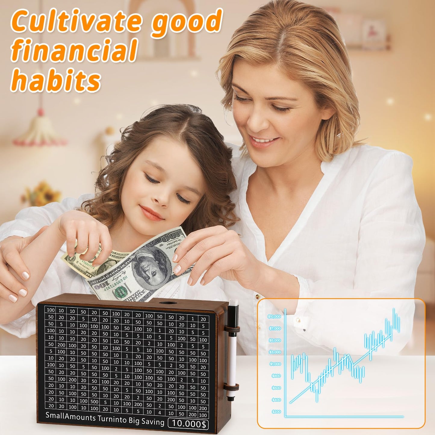 Wooden Money Saving Box for Kids & Adults - Reusable $10,000 Savings Challenge Box with Progress Tracker & Cash Vault, Educational Piggy Bank Gift for Boys Girls 3-12 (7 Amounts, Wood)