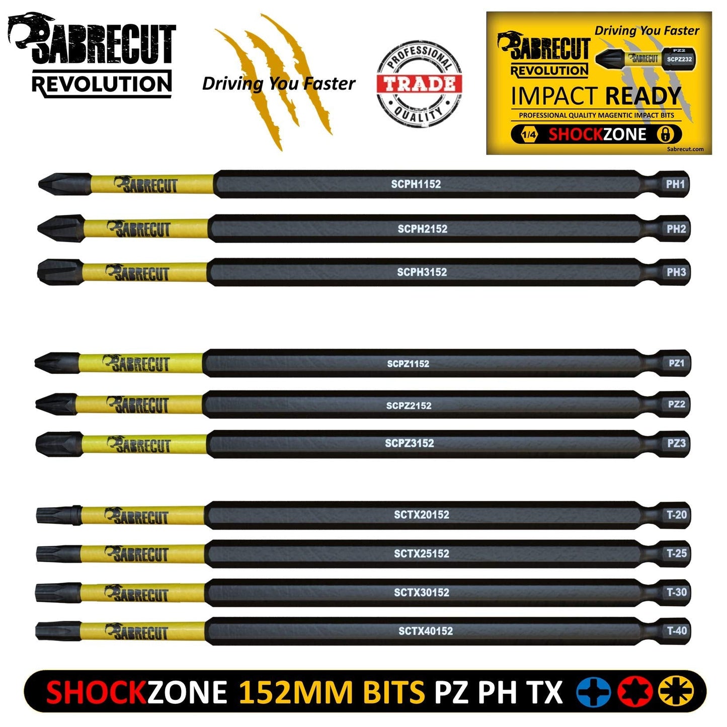 10 x SabreCut SCRK152 152mm PZ1 PZ2 PZ3 PH1 PH2 PH3 TX20 TX25 TX30 TX40 Magnetic Impact Screwdriver Driver Bits Set Pozi Pozidriv Phillips Torx