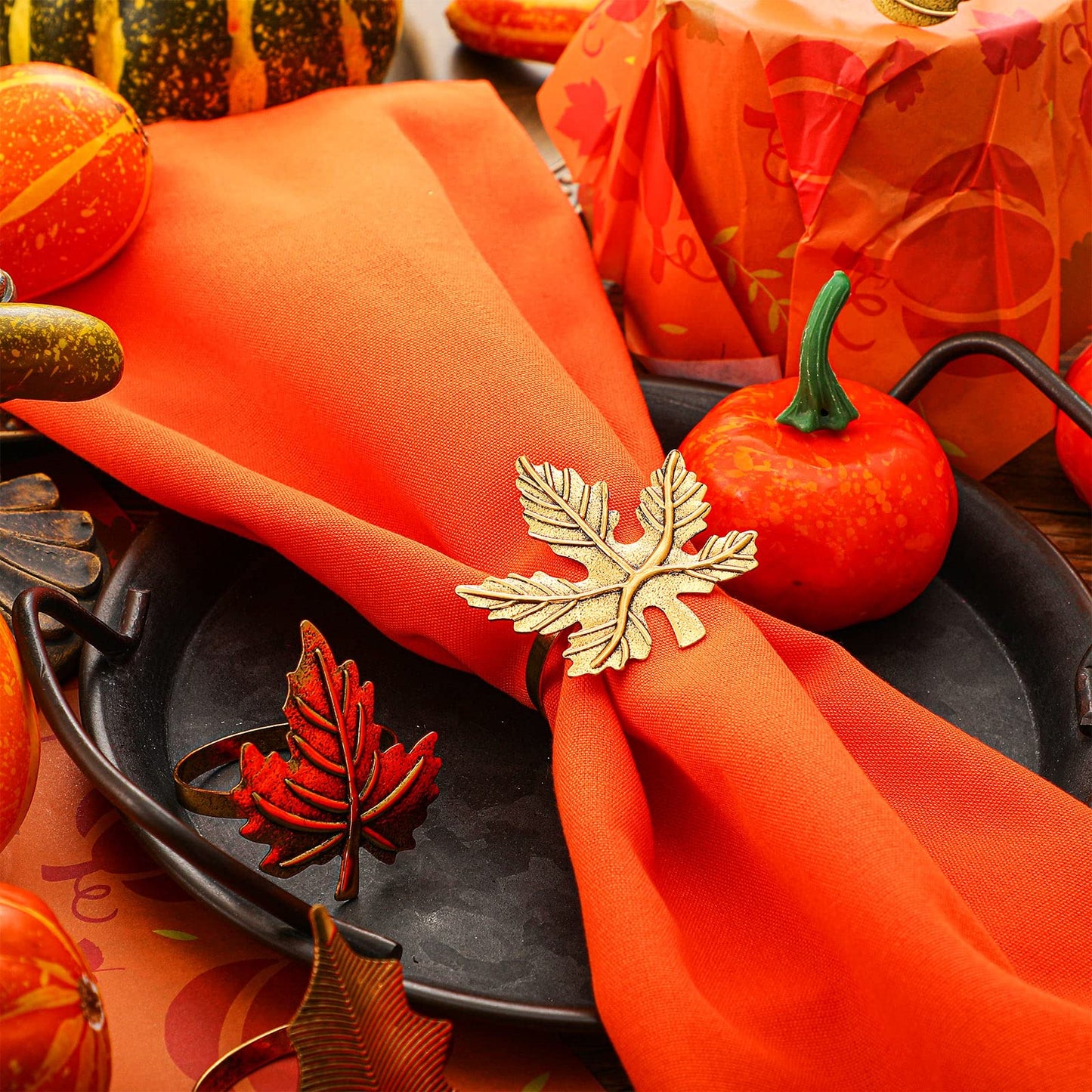 WILLBOND 12 Pcs Thanksgiving Napkin Rings Set Thanksgiving Pumpkin Leaf Themed Holders Fall Napkin Rings Alloy Design Holder Buckle for Halloween Home Party Table Decor Wedding Supplies (Golden)