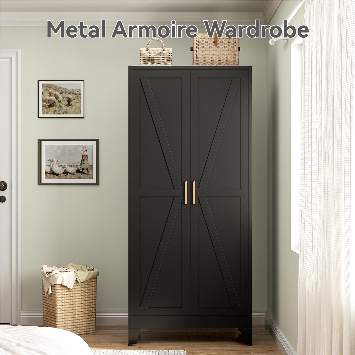 Metal Broom Closet Cabinet, Utility Storage Cabinet with 4 Shelves, Farmhouse Metal Closet with Doors, 71" Tall Storage Cabinets with Hanging Rod and Clothing Shelf for Hallway Laundry Mudroom