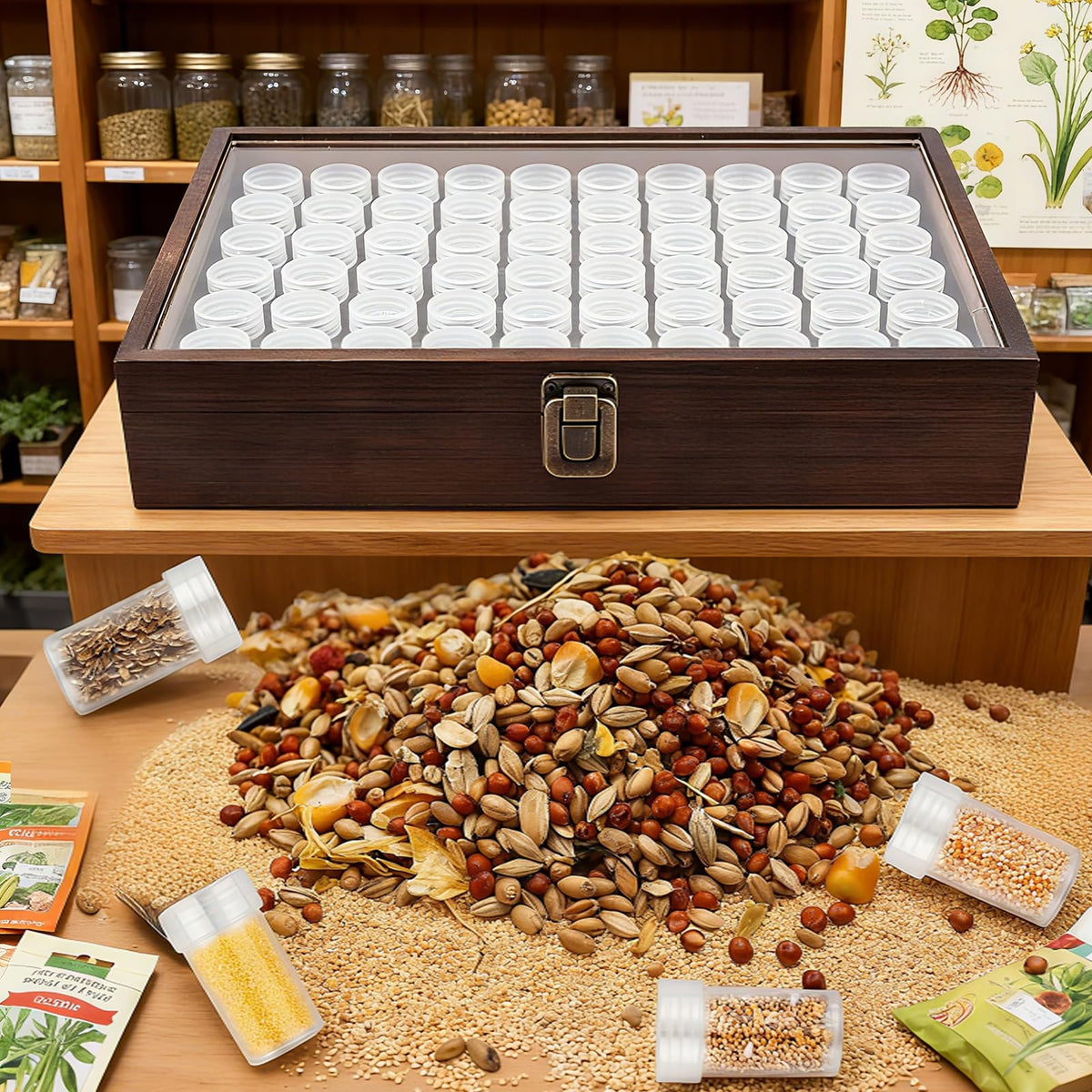 Wooden Seed Storage Organizer, 60 Slots Pine Wood Box with 96 Labels & Foam Inserts, Professional Saver Kit for Gardeners – Container for Flower/Vegetable Seeds