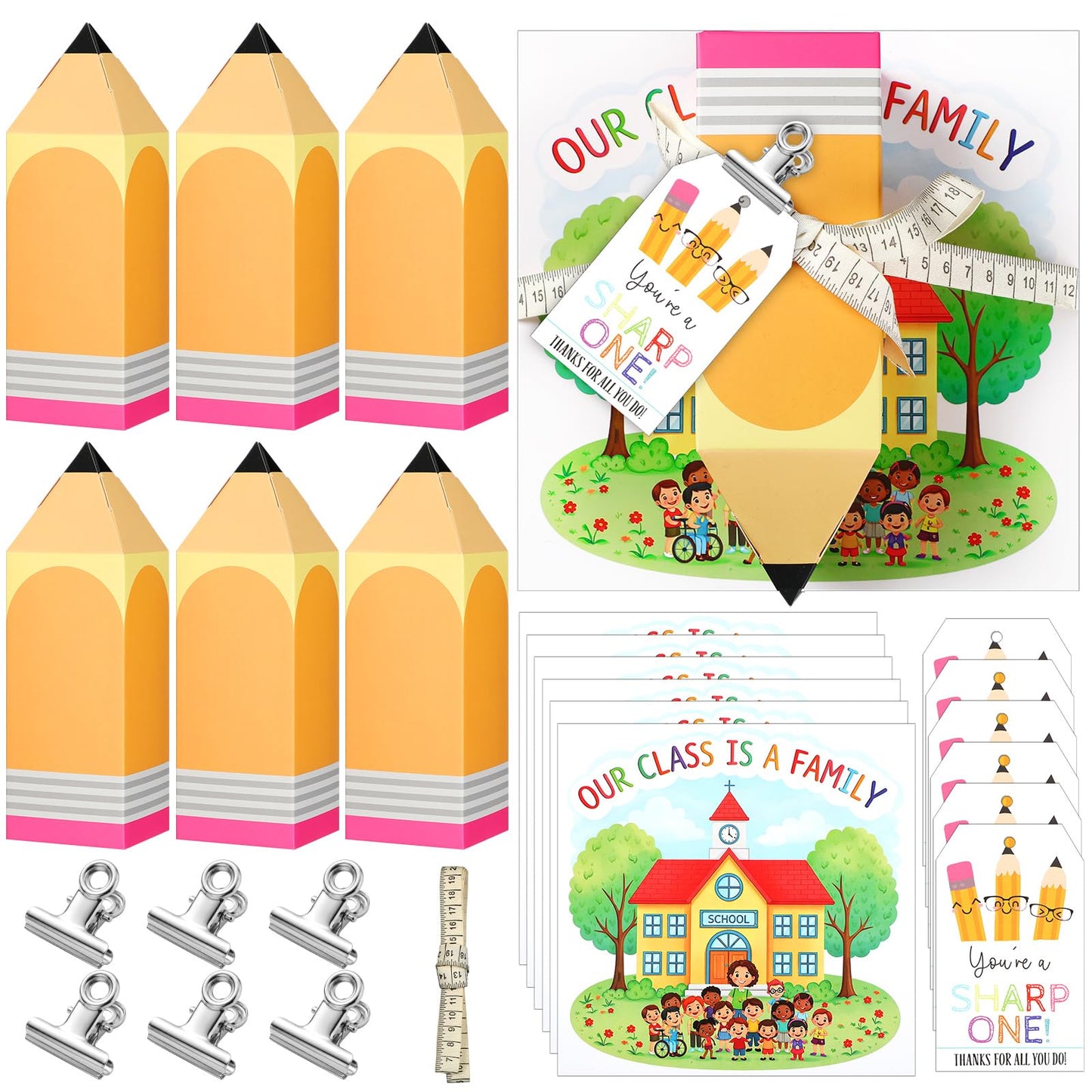 Gueevin 6 Set End of Year Gift Pencil Gift Boxes with Our Class Is a Family Greeting Cards Teacher Appreciation Pencil Treat Boxes for Graduation Party Favor Supplies