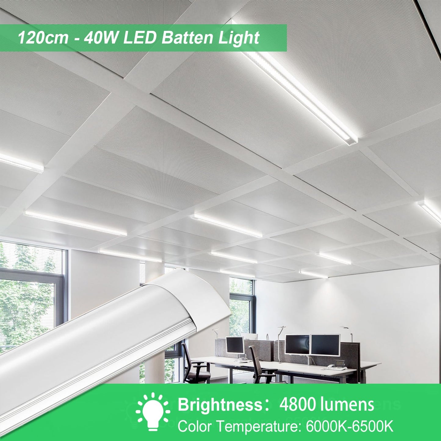 Bellanny 40W LED Batten Lights, 4ft LED Tube Light, 6500k Daylight White Ceiling Surface Mounted Light, 4800LM 180 °Beam Angle Ceiling Light for Office, Bathroom, Kitchen (2 Packs)