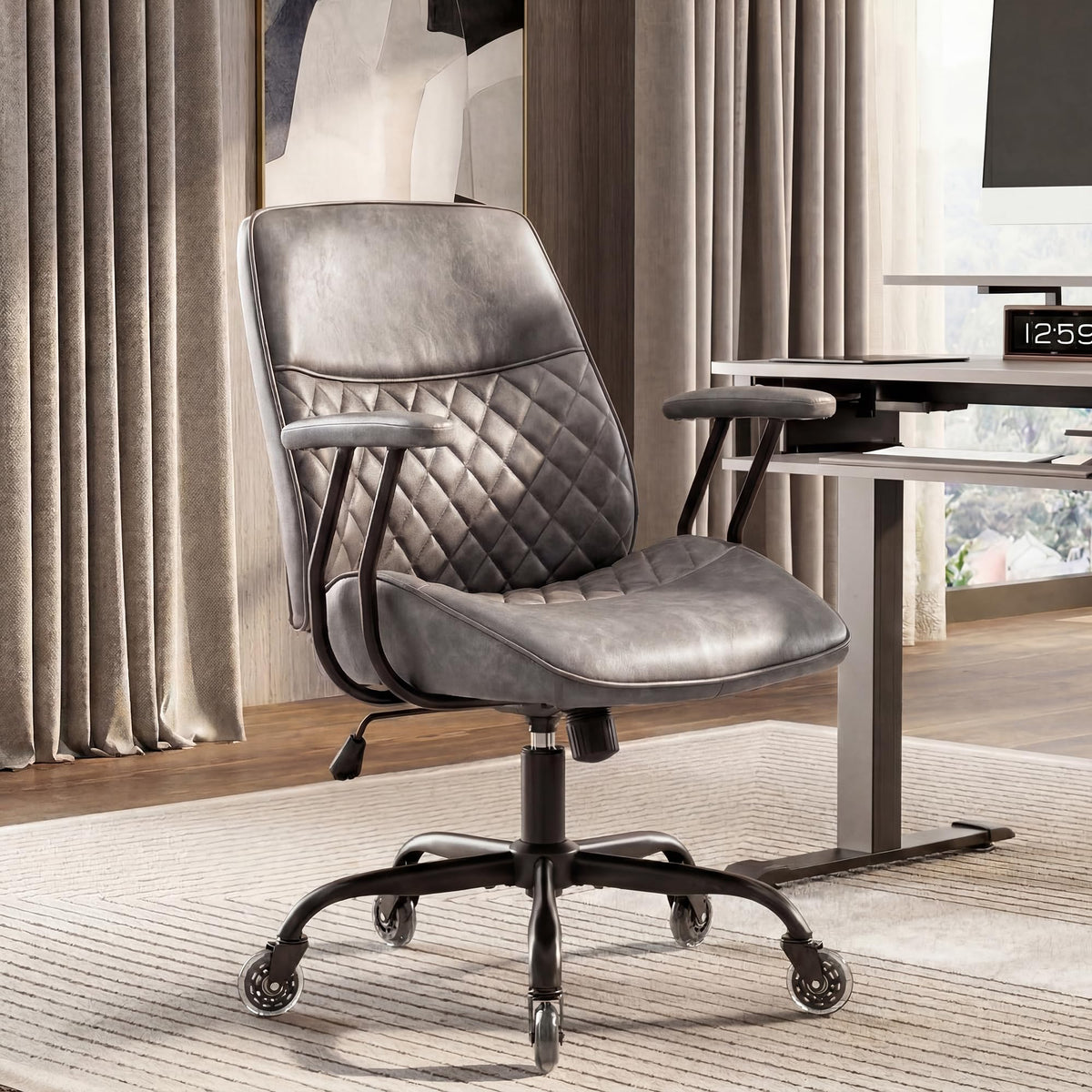 NEO Chair Ergonomic Leather Office Desk Chair with Fixed Armrests Mid Back Lumbar Support Swivel Executive Computer Chair with Wheels Comfy Home Office Chair for Adults (Grey)