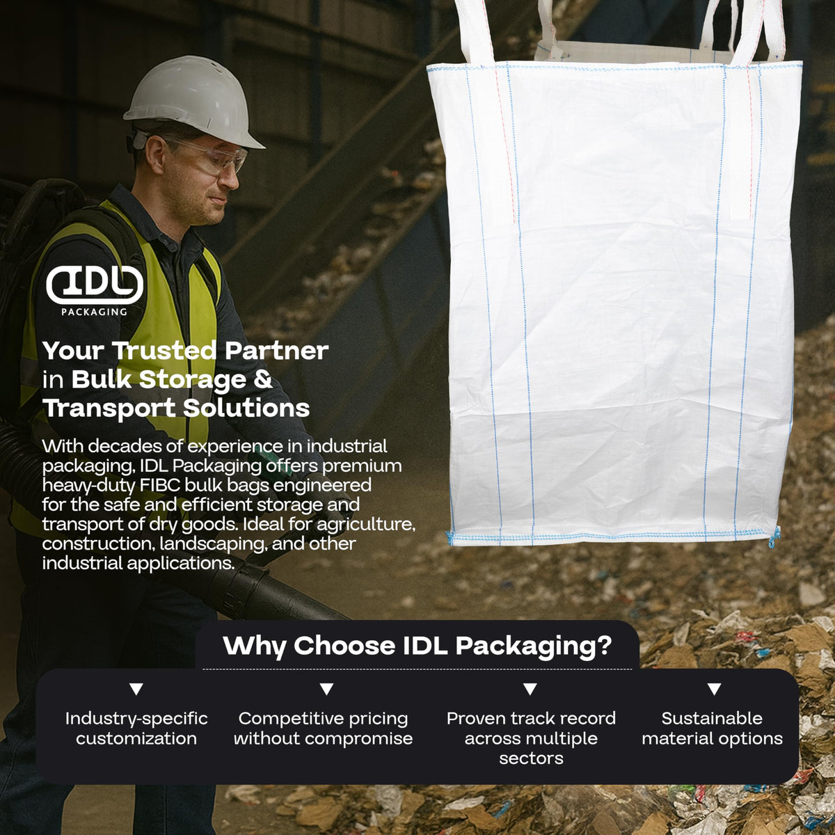 Bulk Construction Bags 35"Lx35"Wx50"H, 5-Pack - USA-Made Open Top, Flat Bottom Bulk Bags 2200 lbs Load Capacity - Heavy-Duty Super Sack for Handling Sand, Gravel & Demolition Debris by IDL Packaging