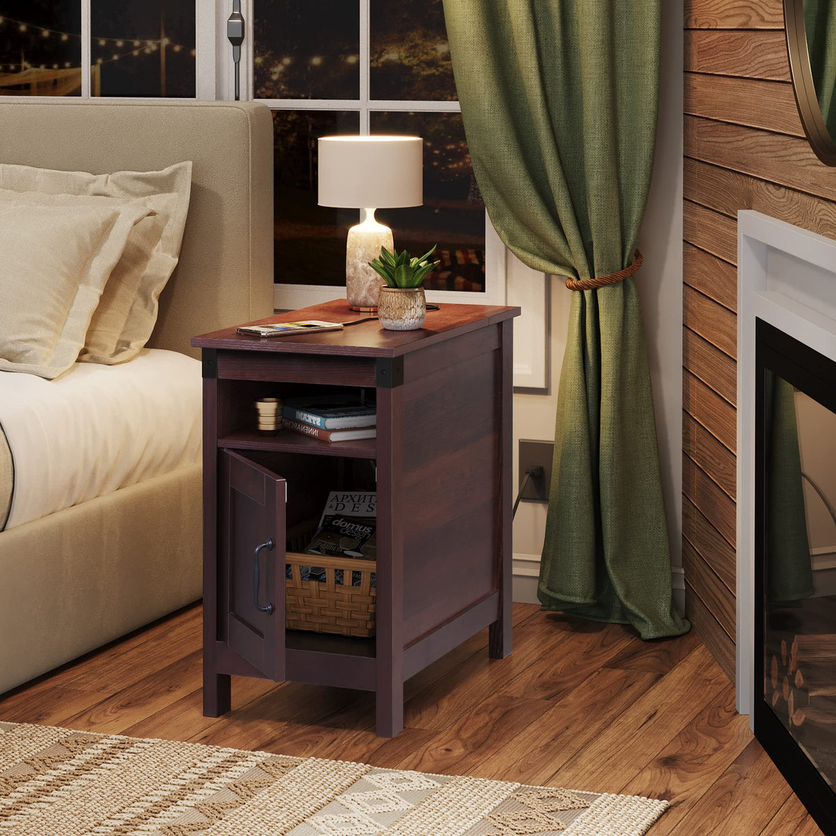 WLIVE End Table with Charging Station, Narrow Side Table for Living Room, Farmhouse Night Stand with Storage, Small Wooden Nightstand with USB Ports and Outlets for Living Room and Bedroom, Espresso