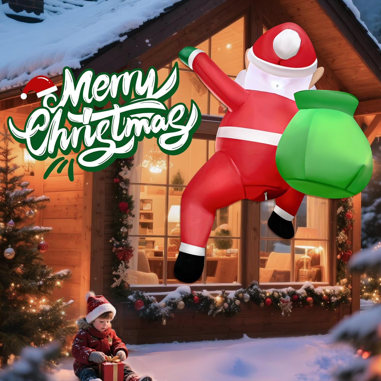 3 FT Christmas Inflatables Outdoor Decorations, Funny Cute Hanging Santa Claus with Gift Bag, Build-in LED Lights, Blow Up Xmas Decor for Indoor Yard Outside Fall Vacation Holiday Party Lawn
