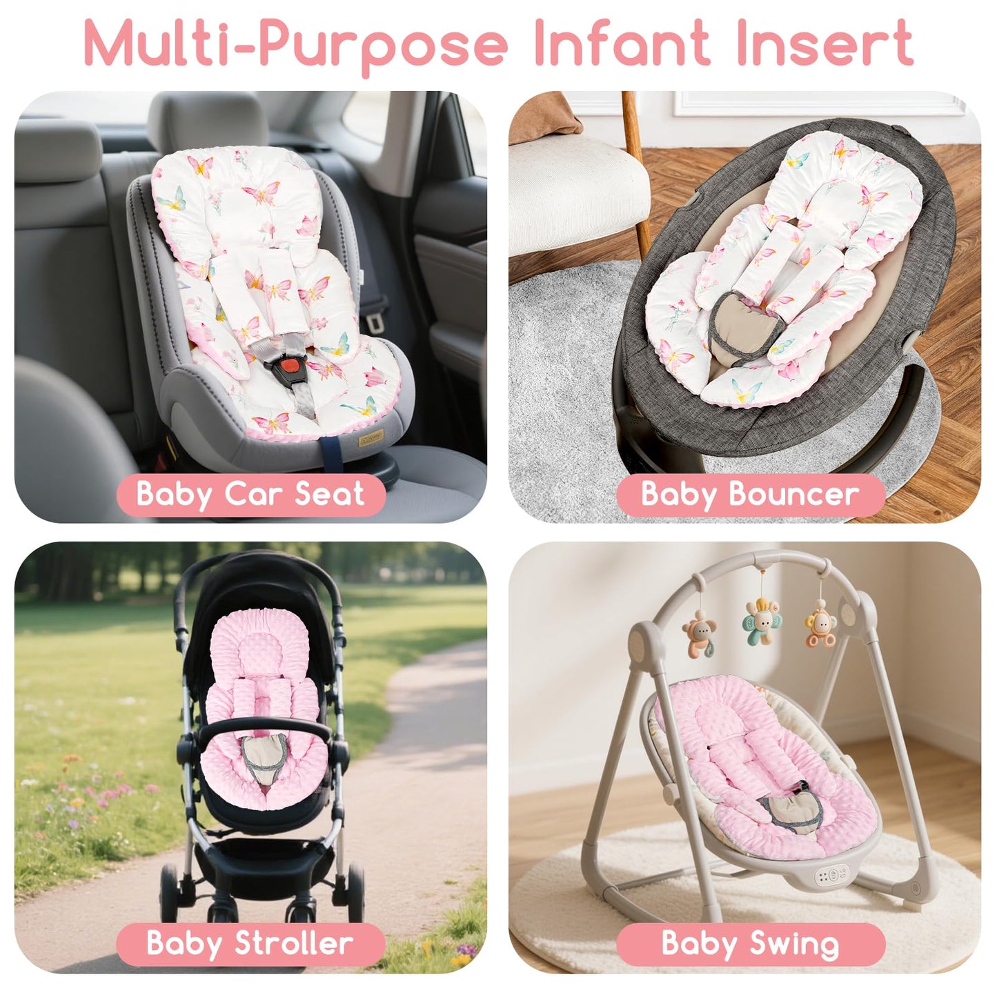 Infant Car Seat Insert for Newborn Girls Boys, Reversible Baby Carseat Head Support with Strap Pads, Soft Baby Car Seat Insert Cushion Pad for Stroller, Bouncer, Swing, High Chair, Pink Butterfly