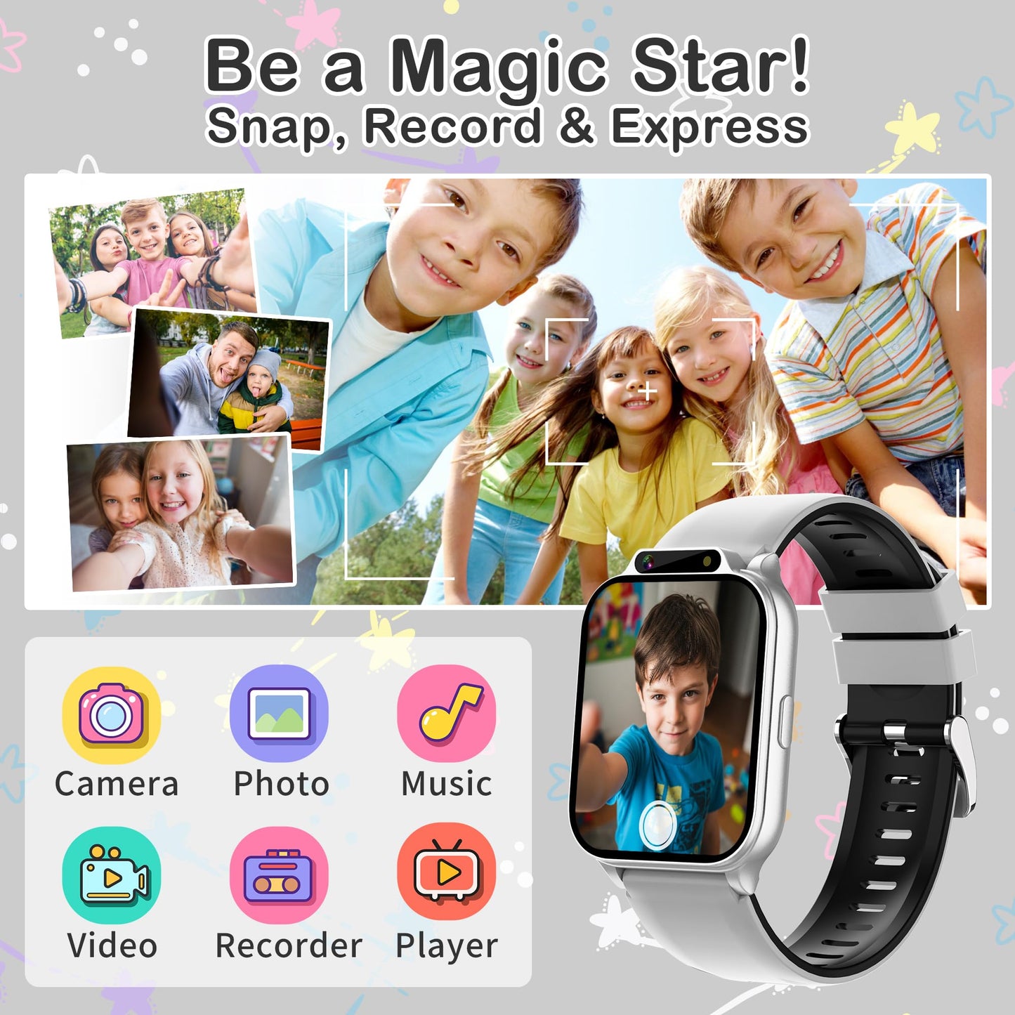 Kids Waterproof Smart Watch Boys with Fitness Tracker Sports Activity Pedometer Heartrate SpO2 Stress Monitor Flashlight APP HD Touch Screen Camera Games Music for 4-13 Years Old Boys Gifts for Kids