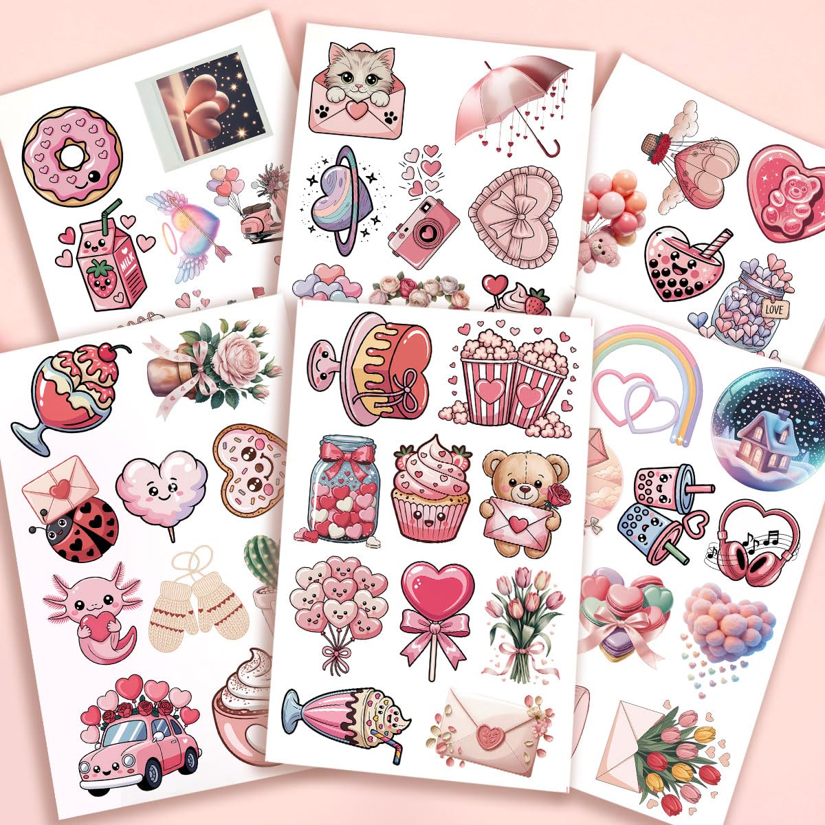 60 Pcs Cute Kawaii Valentine Stickers Pack β Romantic Love Heart, Donut, Bear & Cupcake Vinyl Decals for Water Bottles, Laptops, Journals & Gift Wrapping, Aesthetic Pink Love Stickers Set (Valentine3)