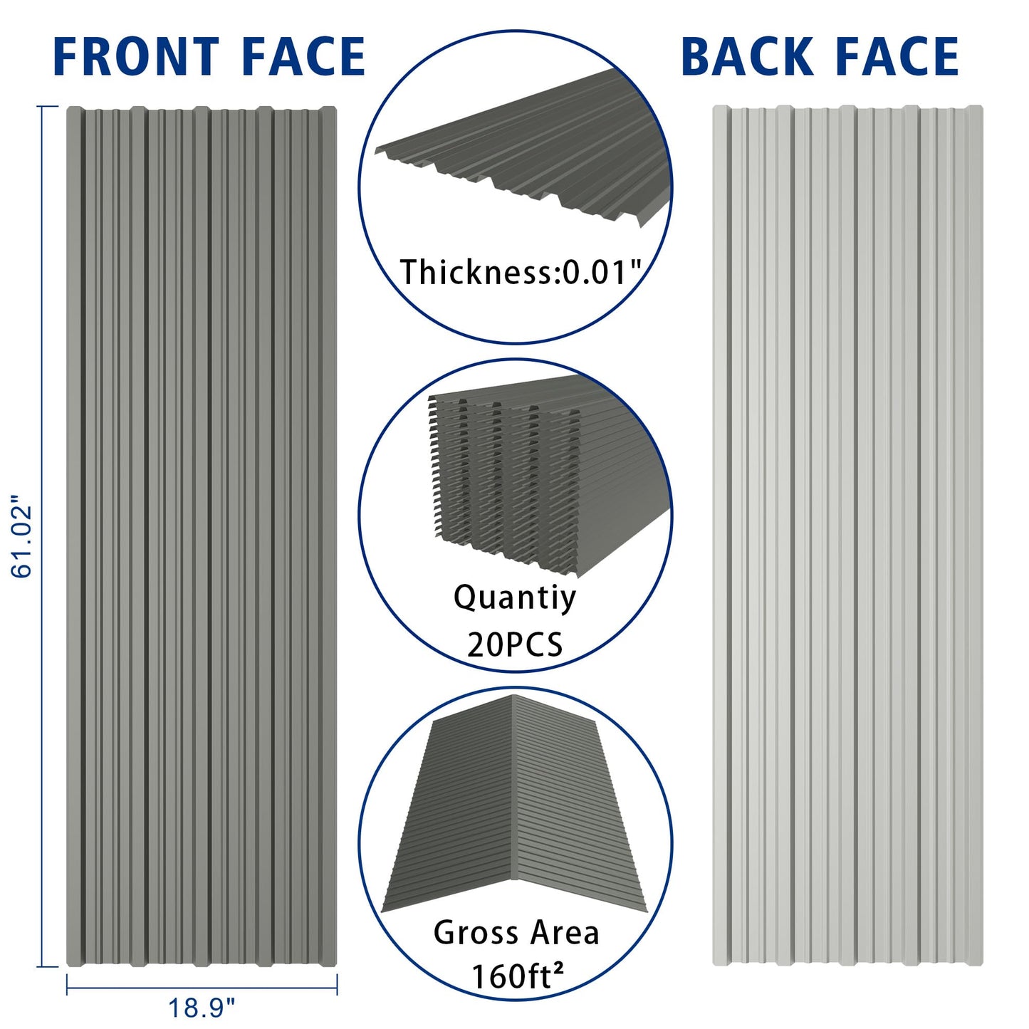 20PCS 160ft² Metal Roofing Panels 61.02"x18.9" Corrugated Metal Sheets Galvanized Exterior Siding Roofing Materials for Outdoor House Garages Sheds Pergola Gazebo Chicken Coop Stables, Grey