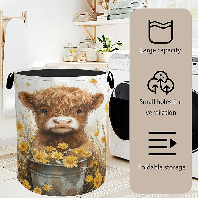 Cute Highland Cow Flower Foldable Canvas Laundry Basket