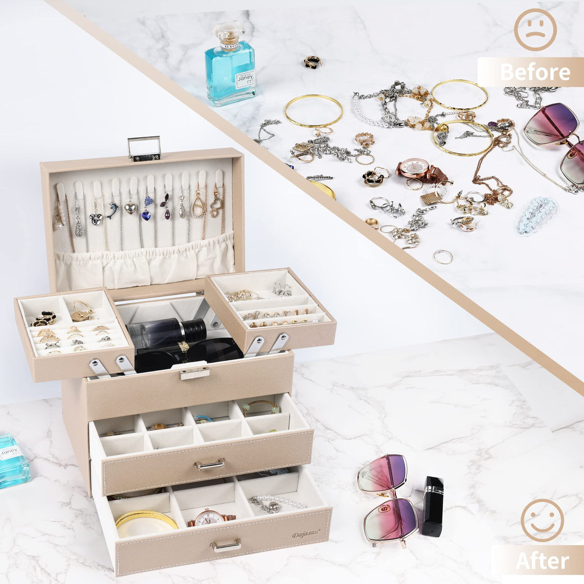 Dajasan Jewelry Organizer Box, Large Jewelry Boxes for Women Girls, Space-Saving 4 Layers Jewelry Storage Case with Drawer, Movable Metal Stand, Modern, Gift Idea (Champagne + Silver)