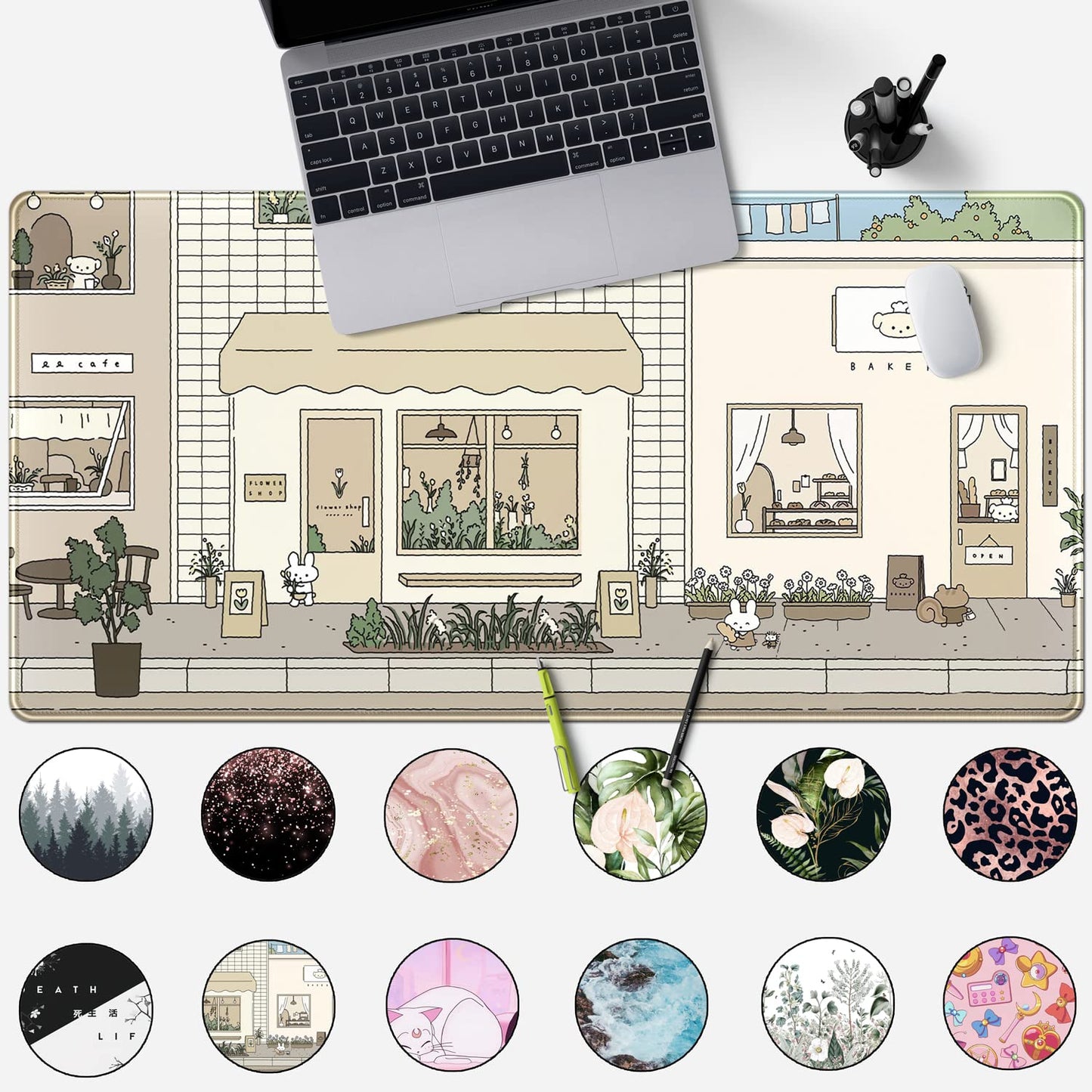 Mechanical Cattle Cute Desk Mat Kawaii Mousepad Bunny and Bear Cute Anime Japanese Street Pastel Beige Brown and Green Mouse Pad, Extra Large Deskmat Cut Laptop Mouse Pads Decor