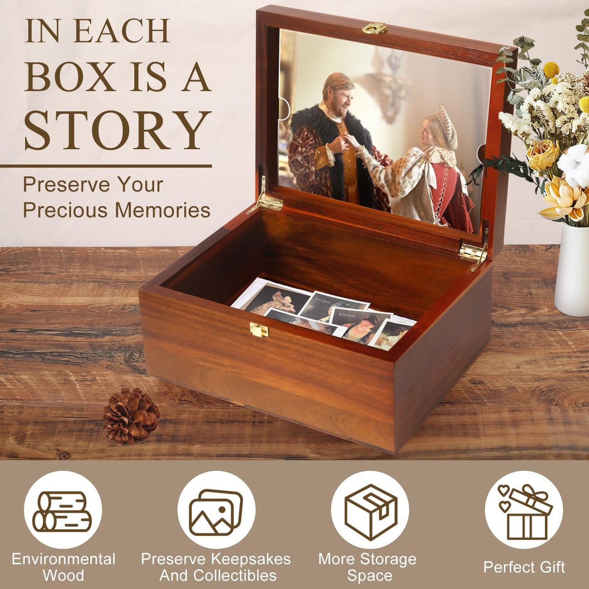 Large Wooden Keepsake Box with Hinged Lid and Photo Frame - Elegant Wedding Memory Box, Ideal for Photos, Letters, Time Capsules, Bride Gift, Decorative Storage,5.5“*8.6”*11.3“