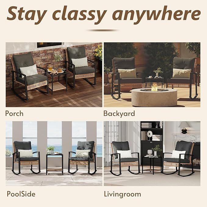 3 Piece Patio Rocking Chairs Set of 2, Outdoor Rocking Chair Bistro Set with Tempered Glass Coffee Table and Thick Lumbar Pillow Set, Front Porch Chairs for Garden, Backyard (Gray Cushion)