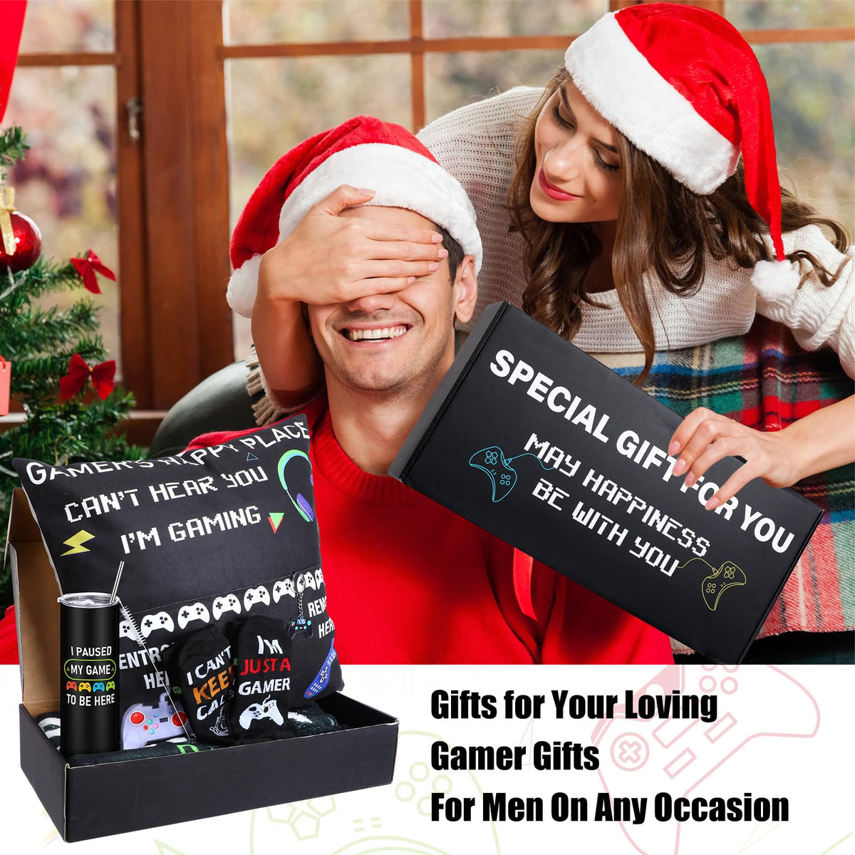 Ziliny 6 Pcs Gamer Gifts Sets for Boys Gaming Throw Blanket Tumblers Funny Pillow Covers Socks Keychain and Gifts Box for Boys Men Teen Gamer Lover