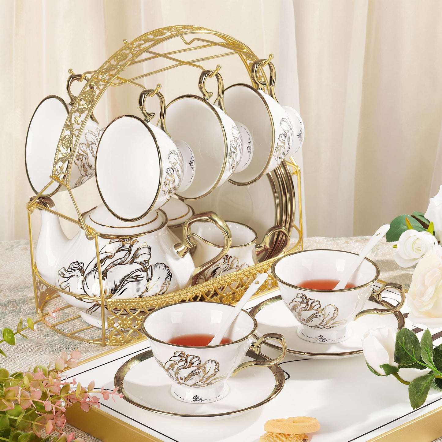 fanquare British Porcelain Tea Coffee Set 22 Piece New Bone China Gold Tulip Tea Service for Afternoon Tea, 6 TeaCup and Saucers with Metal Holder for Home Wedding Birthday