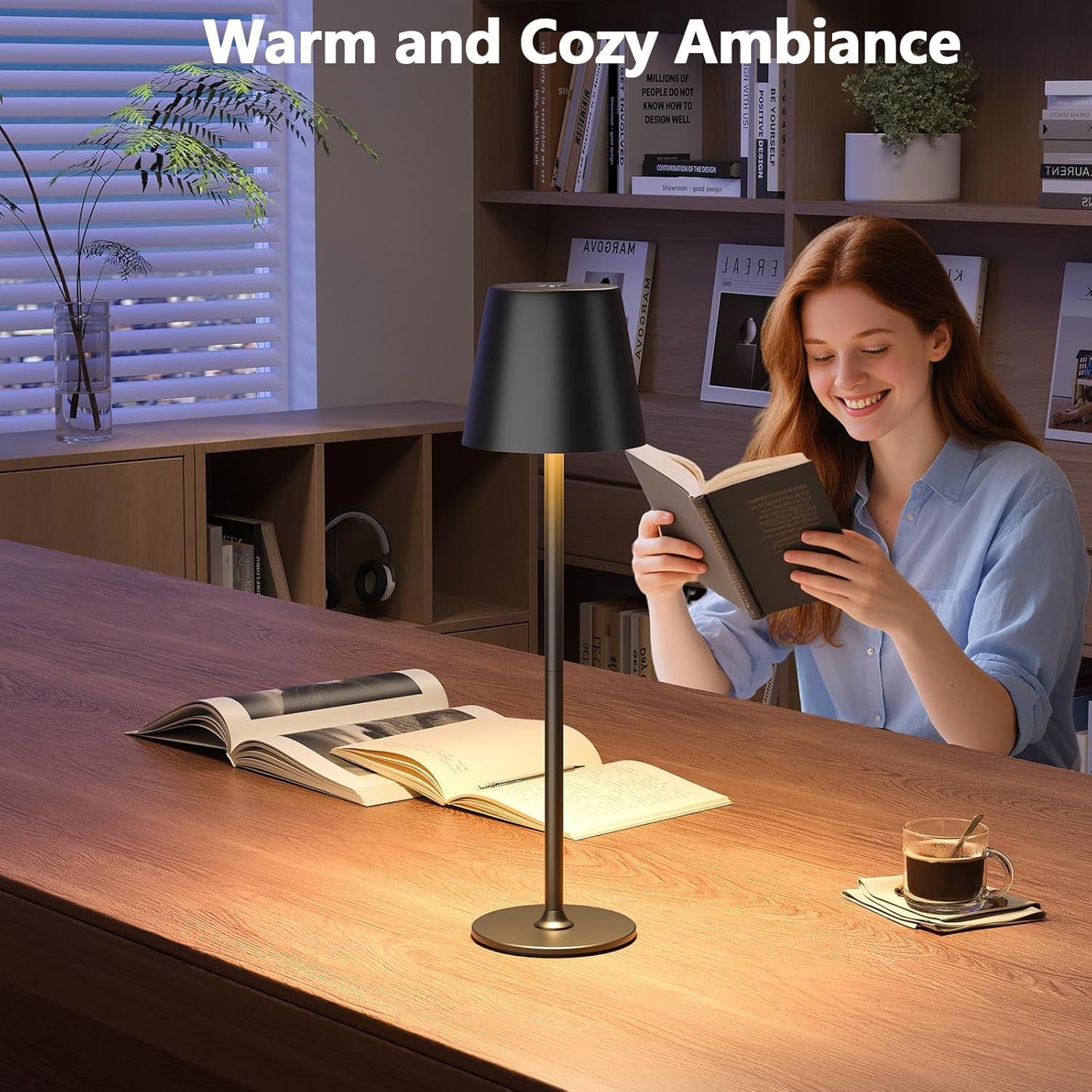 Holyask Cordless LED Table Lamp, Touch Dimmable Bedside Night Light, Rechargeable USB, Full Metal Body, Dual Battery, IP54 Waterproof – Black