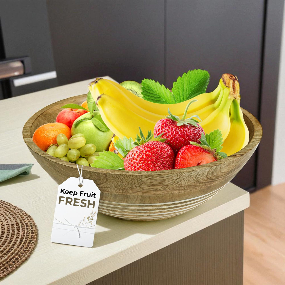Wooden Salad Bowl, Large Salad Bowl Serving_Natural 12" Dia 4" height_Mango Wood Decorative Bowl for Veggies,fruits,Hand made Wooden serving bowl-Modern Rustic Home Decorations