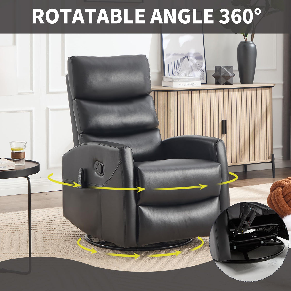 KEIKI Heat Massage Manual Recliner Chair, 360 Swivel Rocker with Lumbar Heat, Lazy Boy Style Faux Leather Overstuffed Back Multi-Function, Nursery Lounge Chair with Side Pockets for Living Room, Black