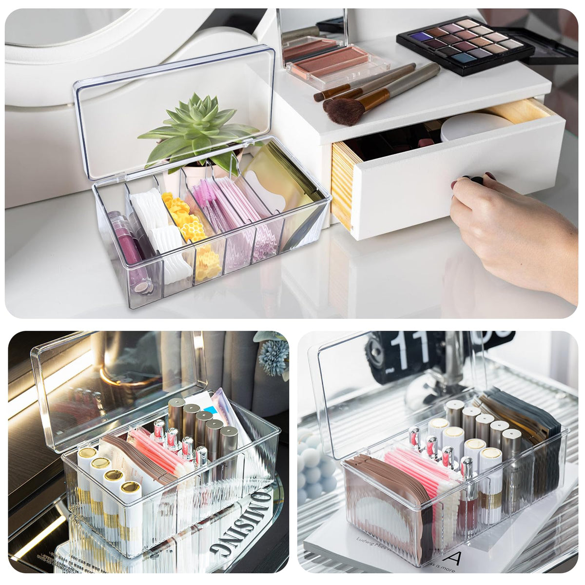 EOREA Acrylic Lash Extension Organizer with Lid, 6 Compartment Lash Cart Storage for Lash Techs, Clear Secure Lid Eyelash Supplies Organizer for Salon & Home Use