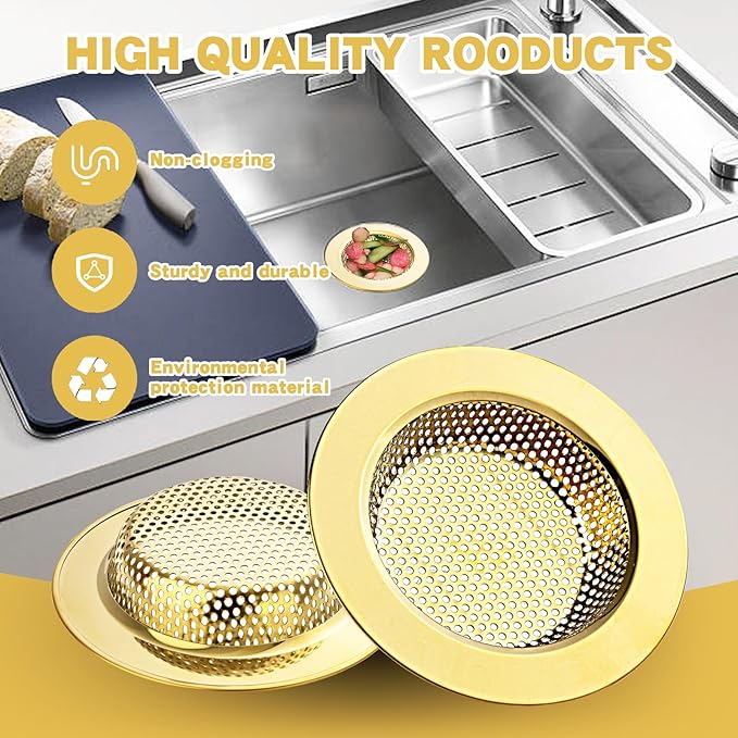 RQYEKDO Kitchen Sink Drain Strainer,2 Pack Stainless Steel and Gold Mesh Sink