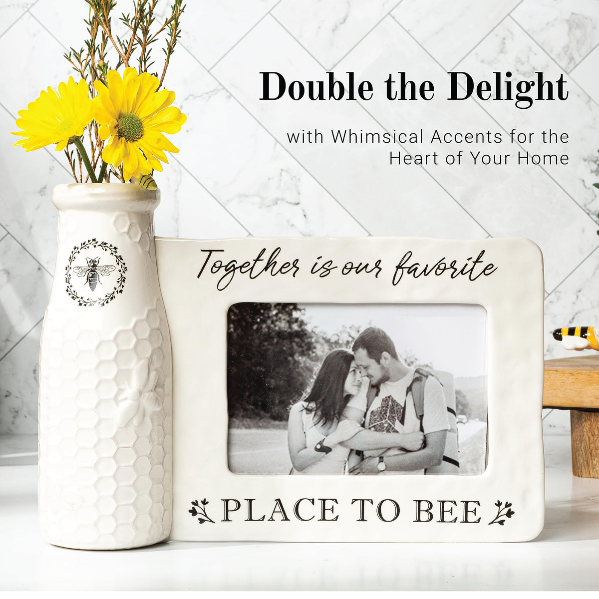 youngs Inc Ceramic Bee Vase w/Photo Frame, White, Black, 11.25" Length x 3.00" Width x 8.00" Height