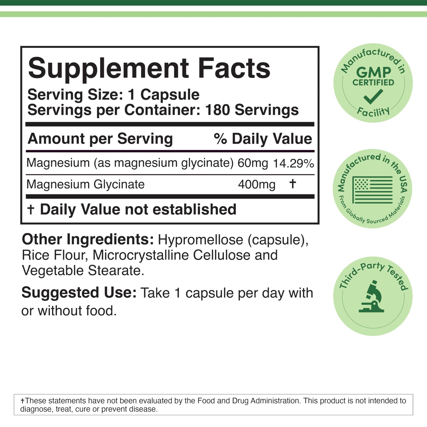 Magnesium Glycinate 400mg, 180 Capsules (Vegan Safe, Manufactured and Third Party Tested in The USA, Gluten Free, Non-GMO) High Absorption Magnesium by Double Wood Supplements