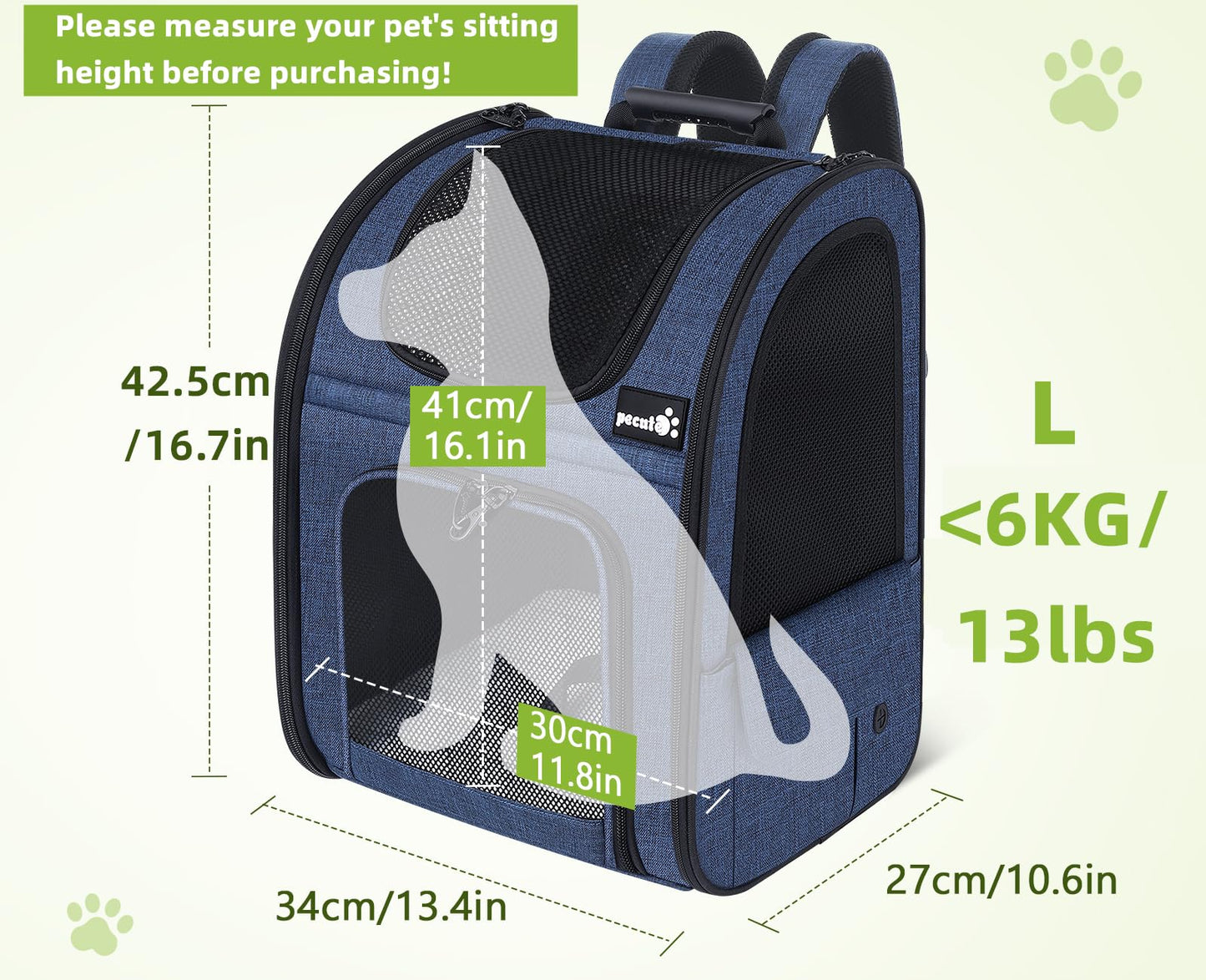 pecute Cat Carrier Dog Backpack Expandable, Portable Breathable Rucksack with Front Opening-Mesh Window-Pockets, Extendable Back More Space Great For Carrying Puppy Dogs Cats Up to 8KG(Blue)