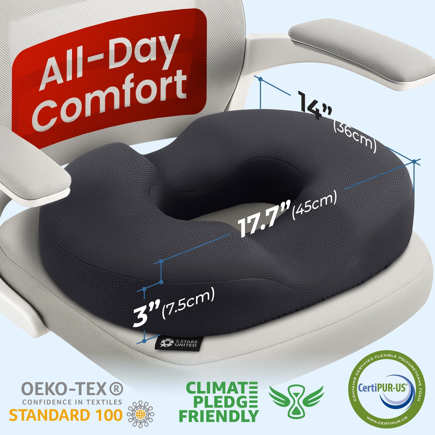 5 STARS UNITED Donut Pillow Hemorrhoid Tailbone Cushion – Large Cushion for Pain Relief – Coccyx, Prostate, Sciatica, Pelvic Floor, Pressure Sores, Pregnancy, Postpartum Recovery, Black