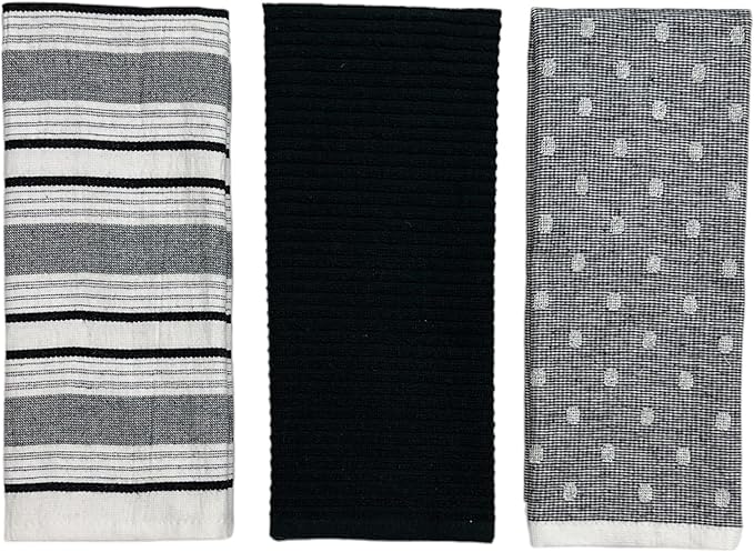 Black White Kitchen Hand Dish Towels: Oversized 28" x 16", 100% Cotton Cloth