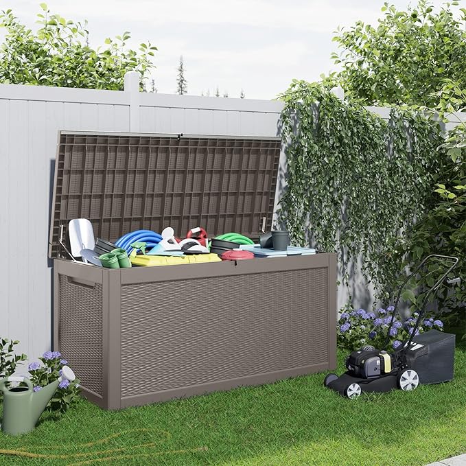 ROJIK Outdoor Storage Housing Deck Box,Waterproof Patio Furniture, Garden Tools, Cushions, Pool Accessories Storage Bench with Lockable Lid and Side Handles (Grey,320 Gallon)
