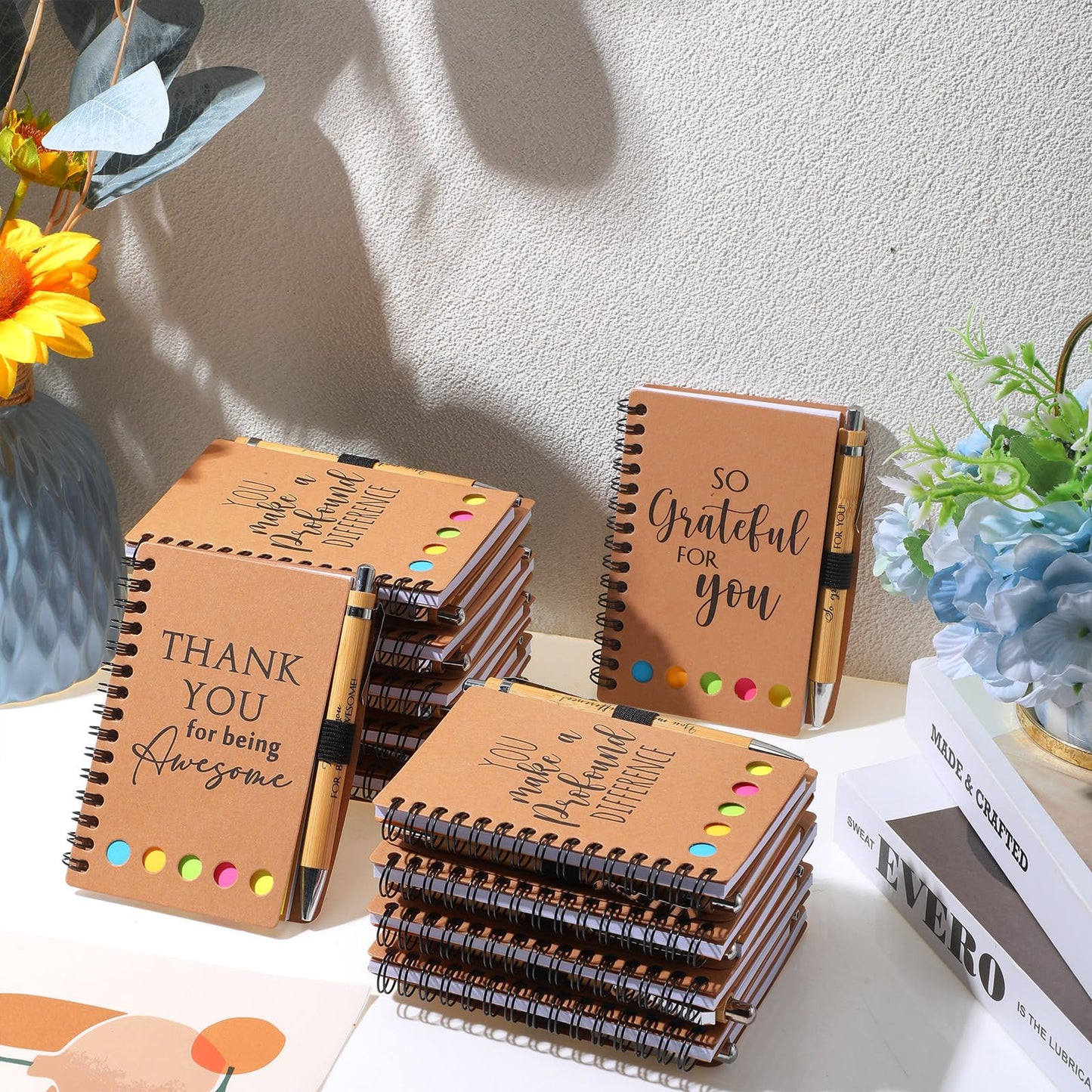 Honoson 10 Set Employee Appreciation Gifts Bulk Inspirational Notebook with Sticky Note and Bamboo Pen Set Thank You Gifts for Coworkers Team Staff Group Office Teacher (Kraft)