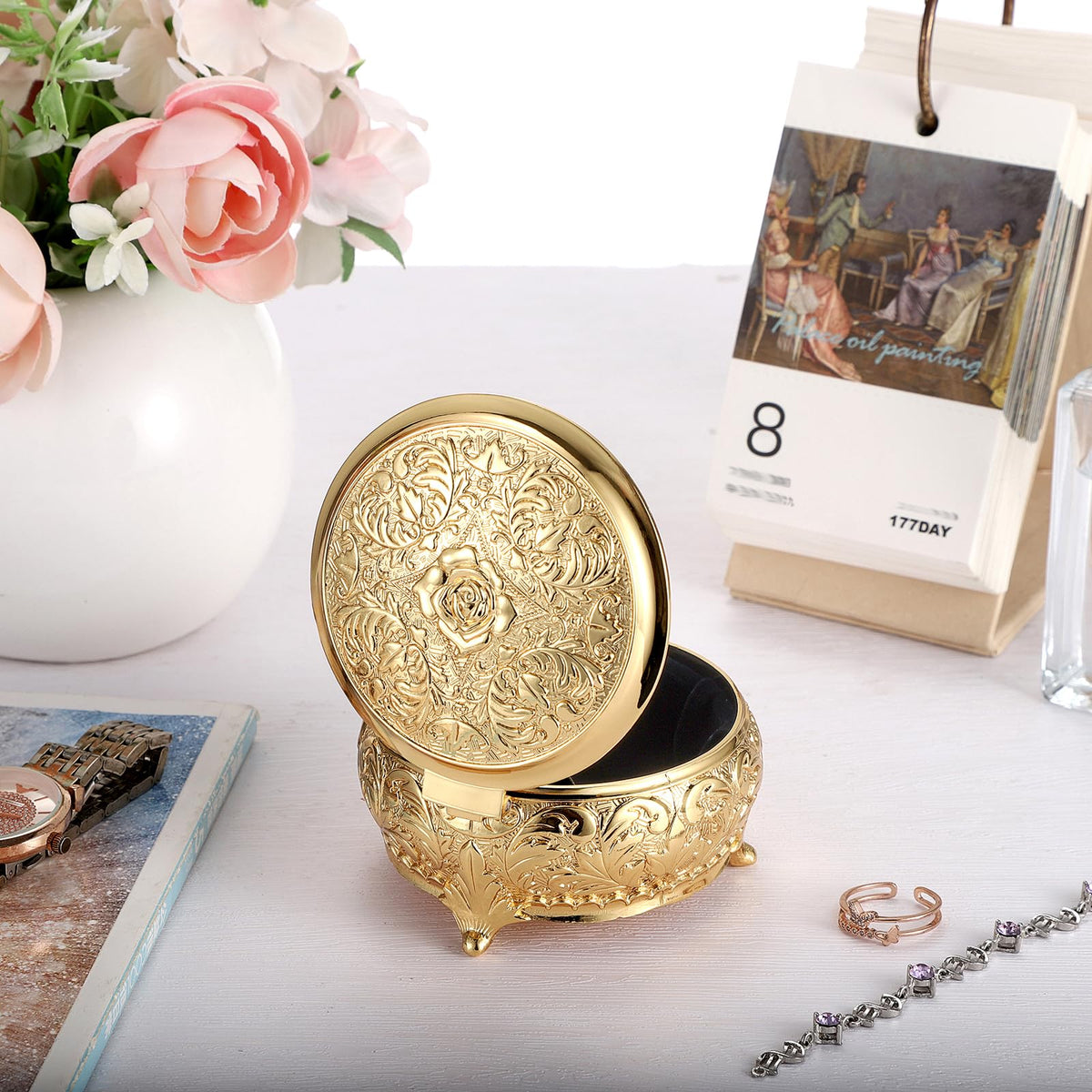 Hipiwe Vintage Metal Jewelry Box Different Shape- Small Antique Ring Earrings Necklace Storage Organizer Case Metal Treasure Chest Trinket Keepsake Gift Box