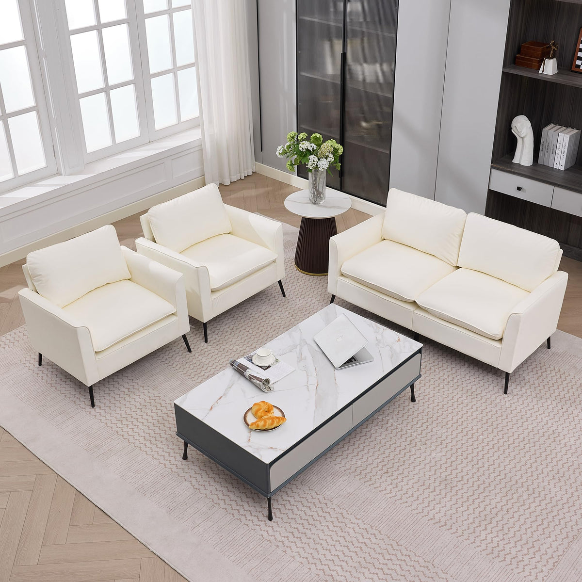 KEIKI Faux Leather Loveseat, Mid Century Modern Comfy Sofa Couch, Mini Deep Seat 2-Seater Settee Loveseat Couches for Office Living Room Bedroom Apartment Dorm Small Space, Cream White