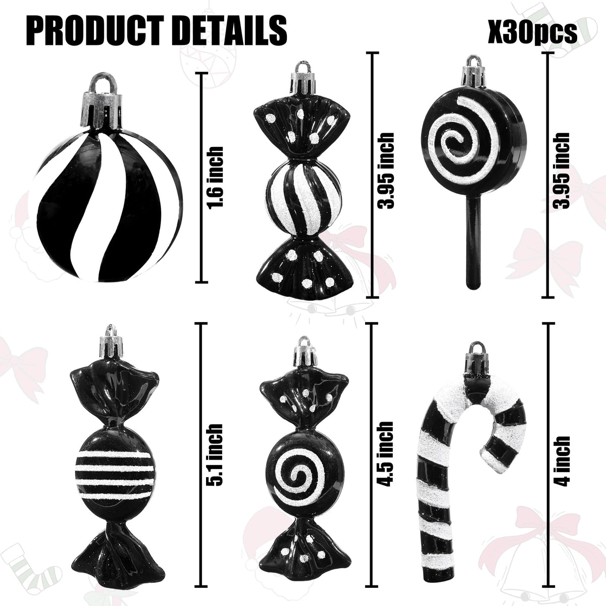 Christmas Candy Cane Lollipop Ornaments for Christmas Tree 30Pcs Xmas Plastic Peppermint Christmas Tree Hanging Ball Pendants for Xmas Party Indoor New Year Holiday Home Decorations (Black)