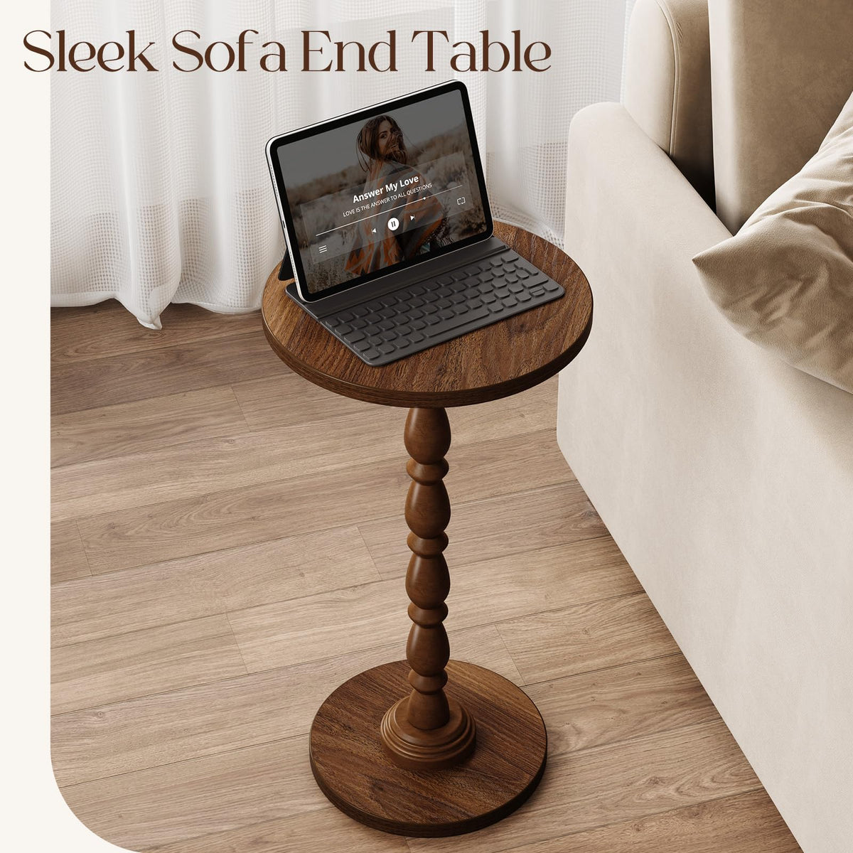 Curlaky Round Side Table - Small End Table Drink Table for Small Spaces, Vintage Accent Nightstand with Solid Wood Leg for Living Room, Bedroom, Mid-Century Modern Bedside Tables, Walnut