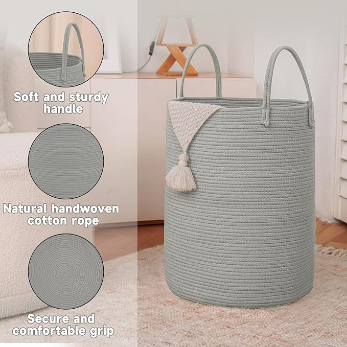 Large Woven Laundry Basket Hamper, 60L Cotton Rope Storage Bin