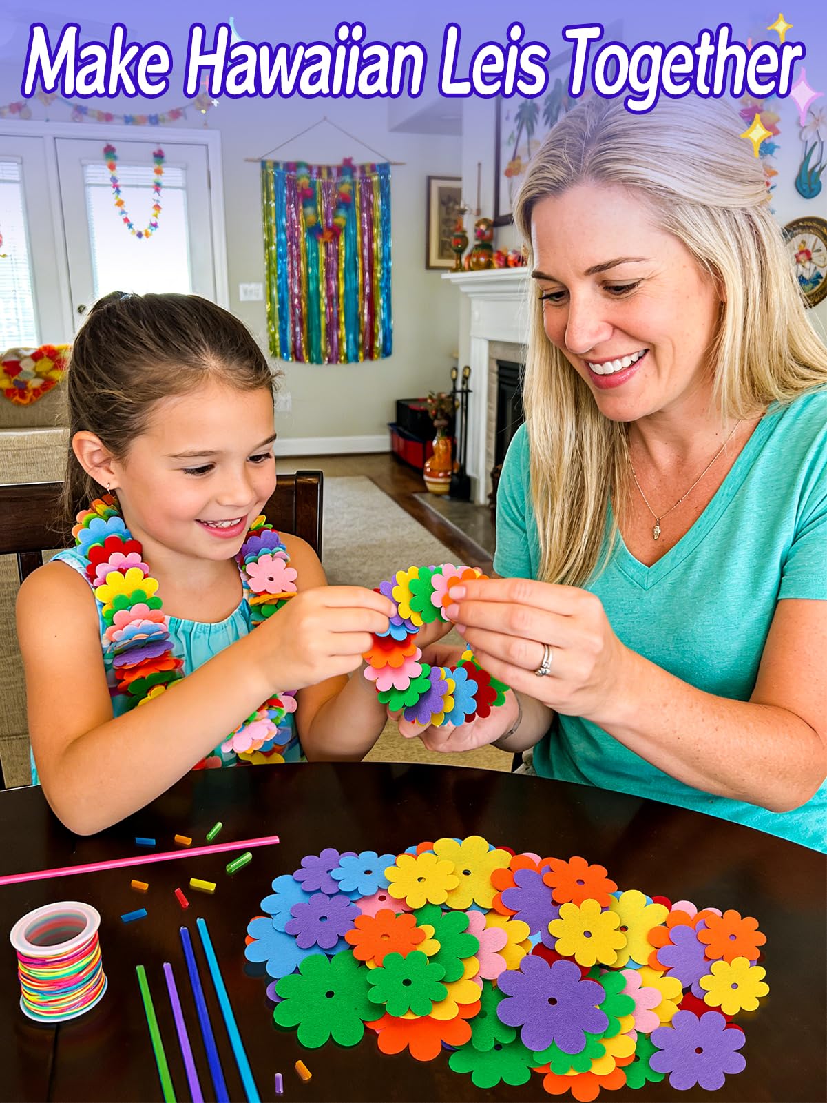 Cosweet Lei Making Craft Kit for Kids - Hawaiian Leis Bulk Makes 24 Flower Necklaces with 1000 Felt Flowers, Lei Craft Supplies for VBS, Classroom Activities & Luau Party Favors